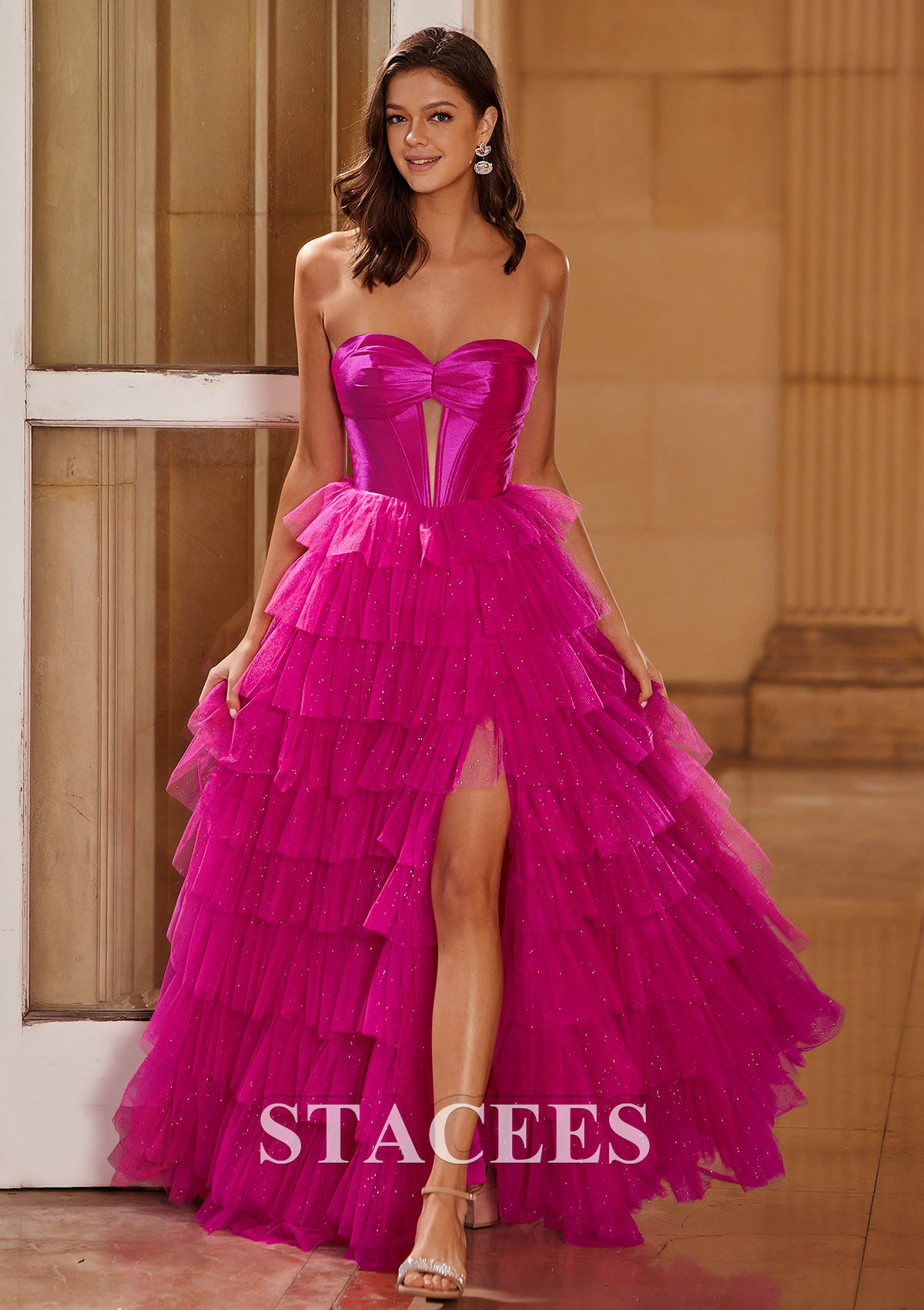 Fuchsia Trapèze princesse cache coeur tulle ras du sol robe de bal  - STACEES