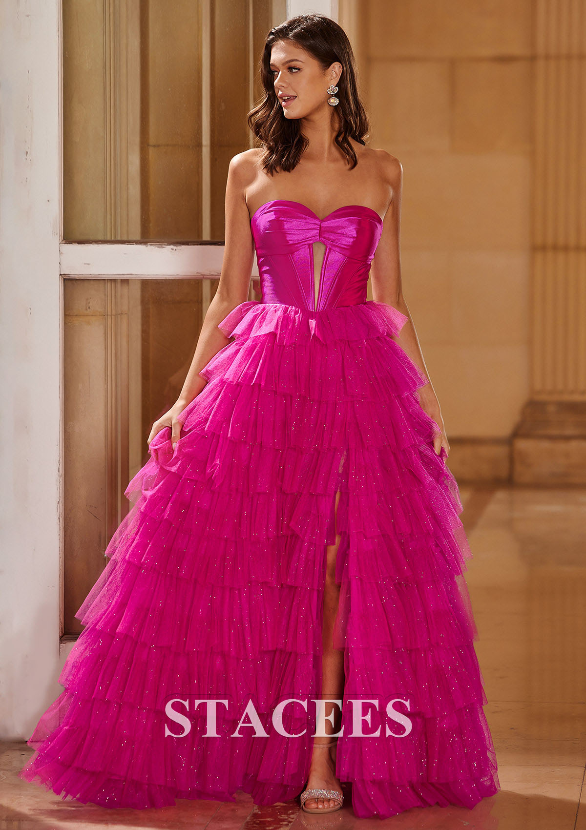 Fuchsia Trapèze princesse cache coeur tulle ras du sol robe de bal  - STACEES
