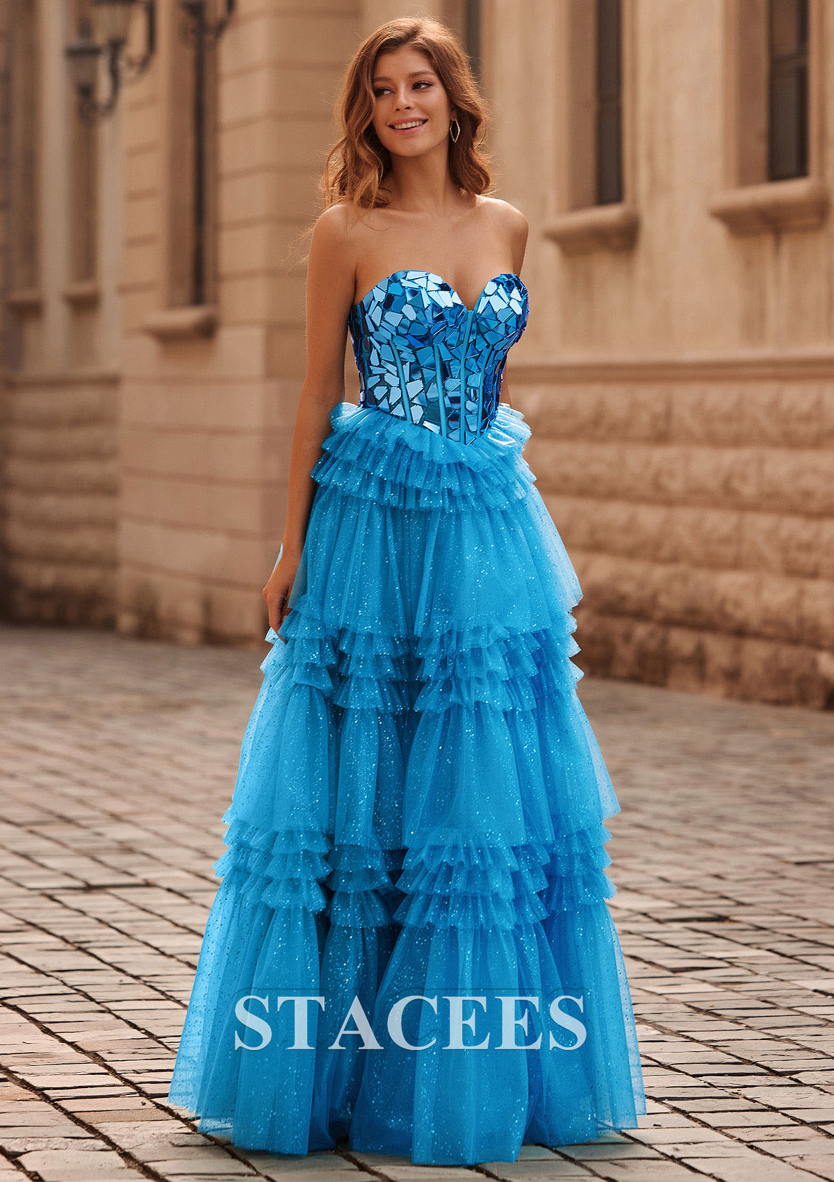 Ocean Blue A-line Princess Sweetheart Tulle Floor-Length Prom Dress with Ruffles Sequins Glitter - STACEES