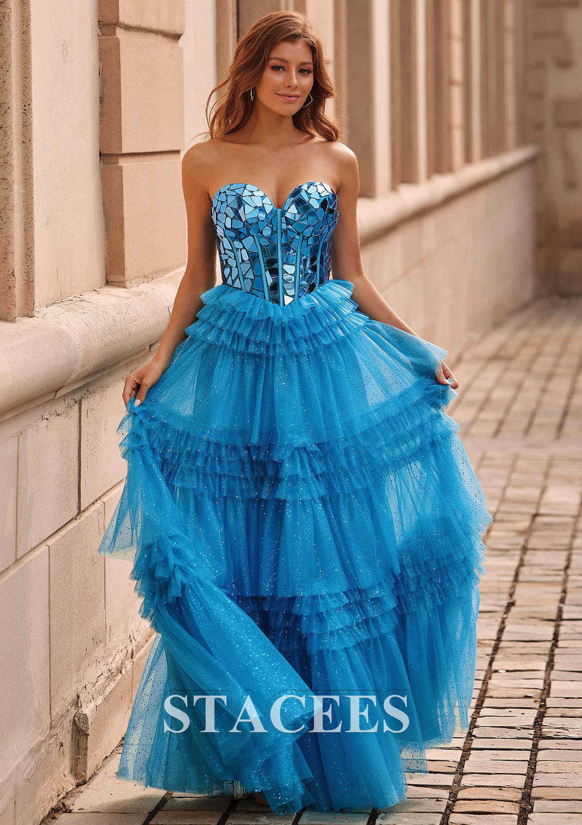 Ocean Blue A-line Princess Sweetheart Tulle Floor-Length Prom Dress with Ruffles Sequins Glitter - STACEES