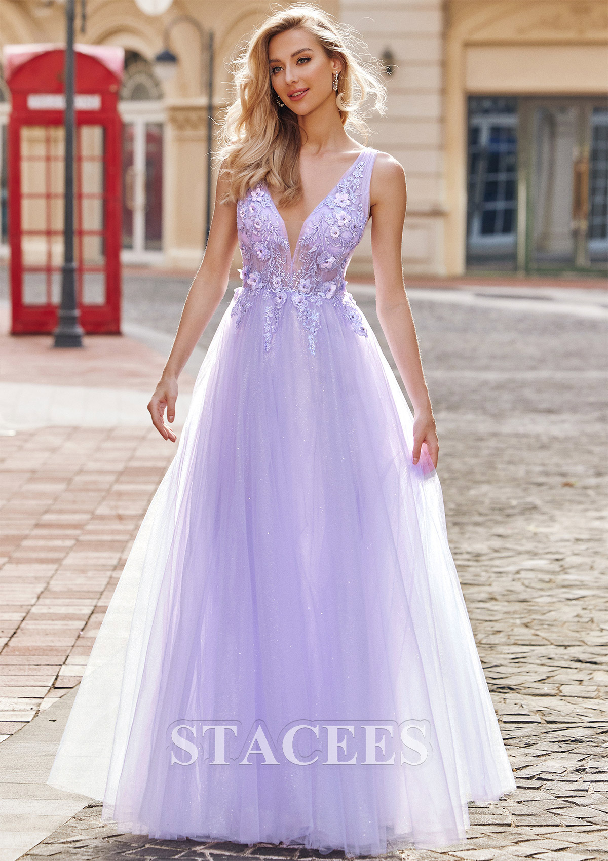 Lilac Vestido línea a princesa escote en v tul hasta el suelo vestido de graduación - STACEES