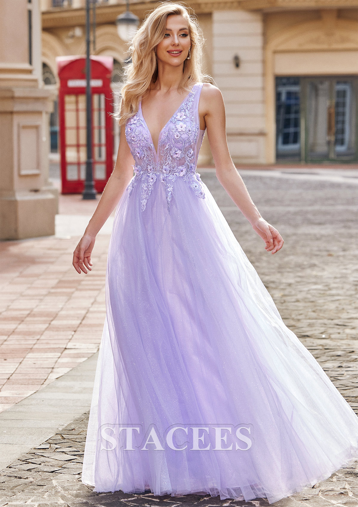 Lilac Vestido línea a princesa escote en v tul hasta el suelo vestido de graduación - STACEES