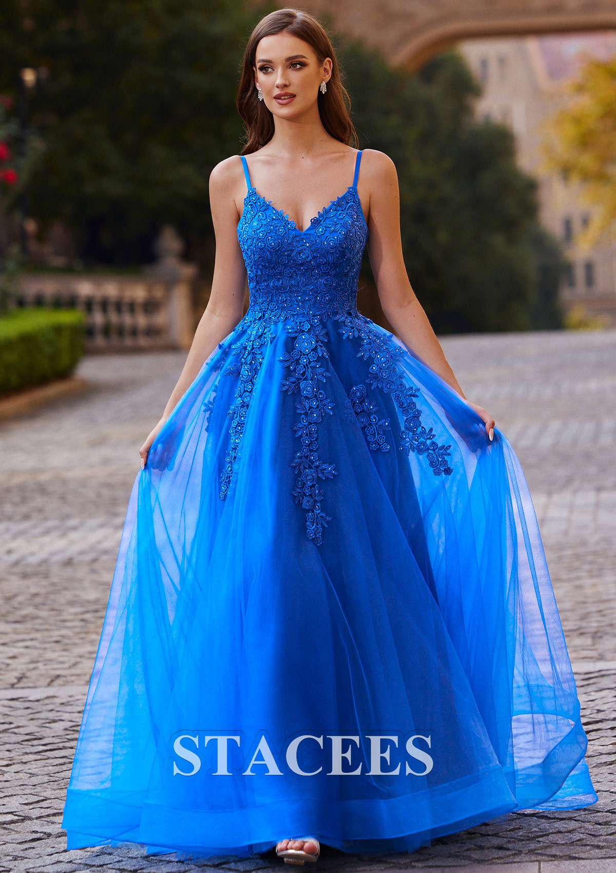 Ocean Blue A-line Princess V Neck Sweep Train Tulle Prom Dress with Appliqued Beading - STACEES
