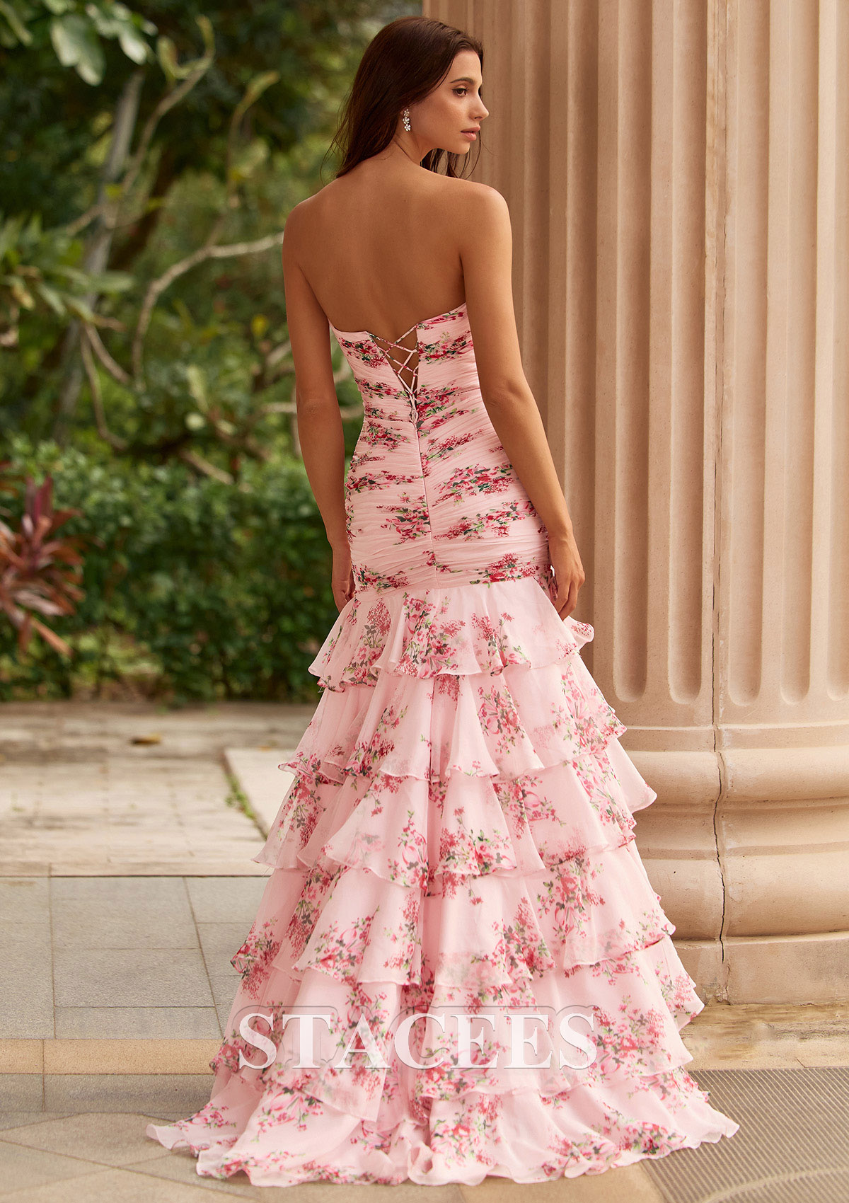 Blushing Pink Floral A-line Pleated Strapless Floral Print Chiffon Ruffle Tiered Prom Dress with Bow - STACEES