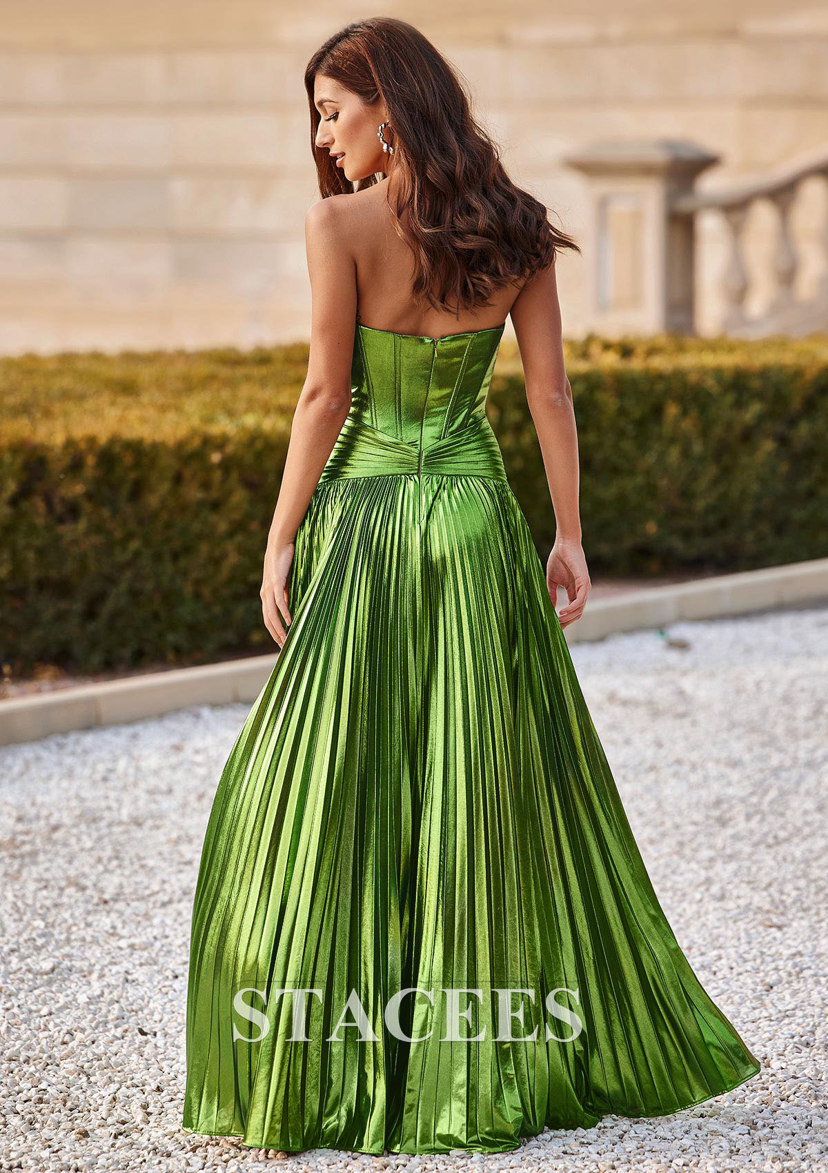 Lime Green A-line Strapless Metallic Corset Pleaded Slit Prom Dress - STACEES