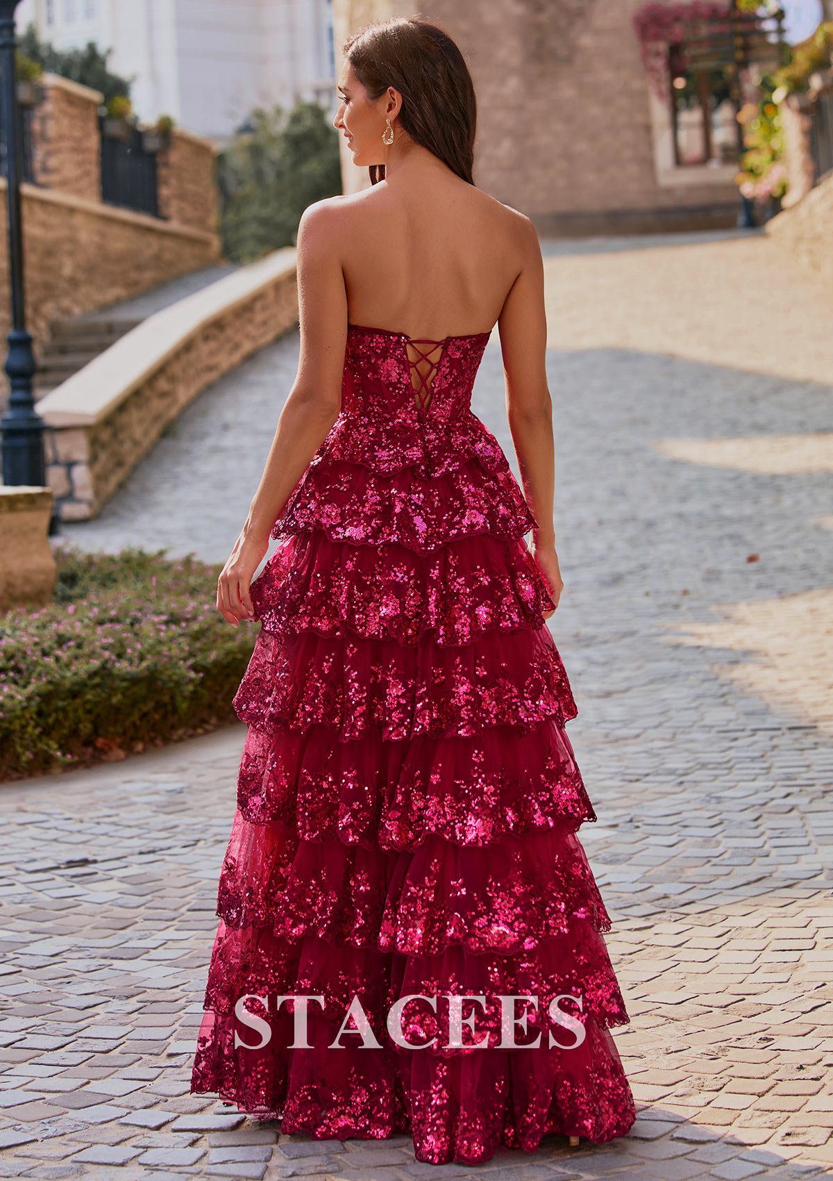 Burgundy A-line Strapless Sweetheart Sequin Tiered Ruffle Prom Dress with Slit - STACEES