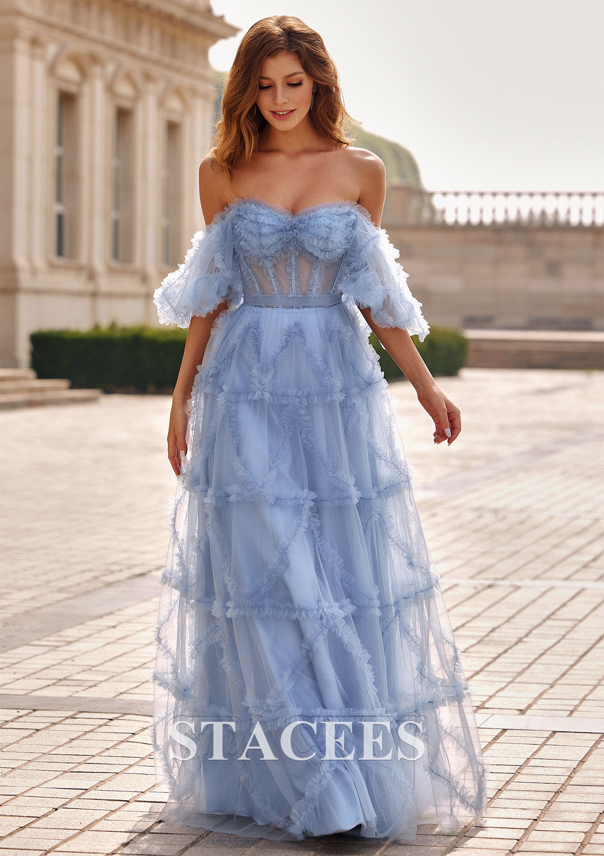 Azul Polvoriento Vestido línea a cuello de corazón tul hasta el suelo vestido de graduación - STACEES