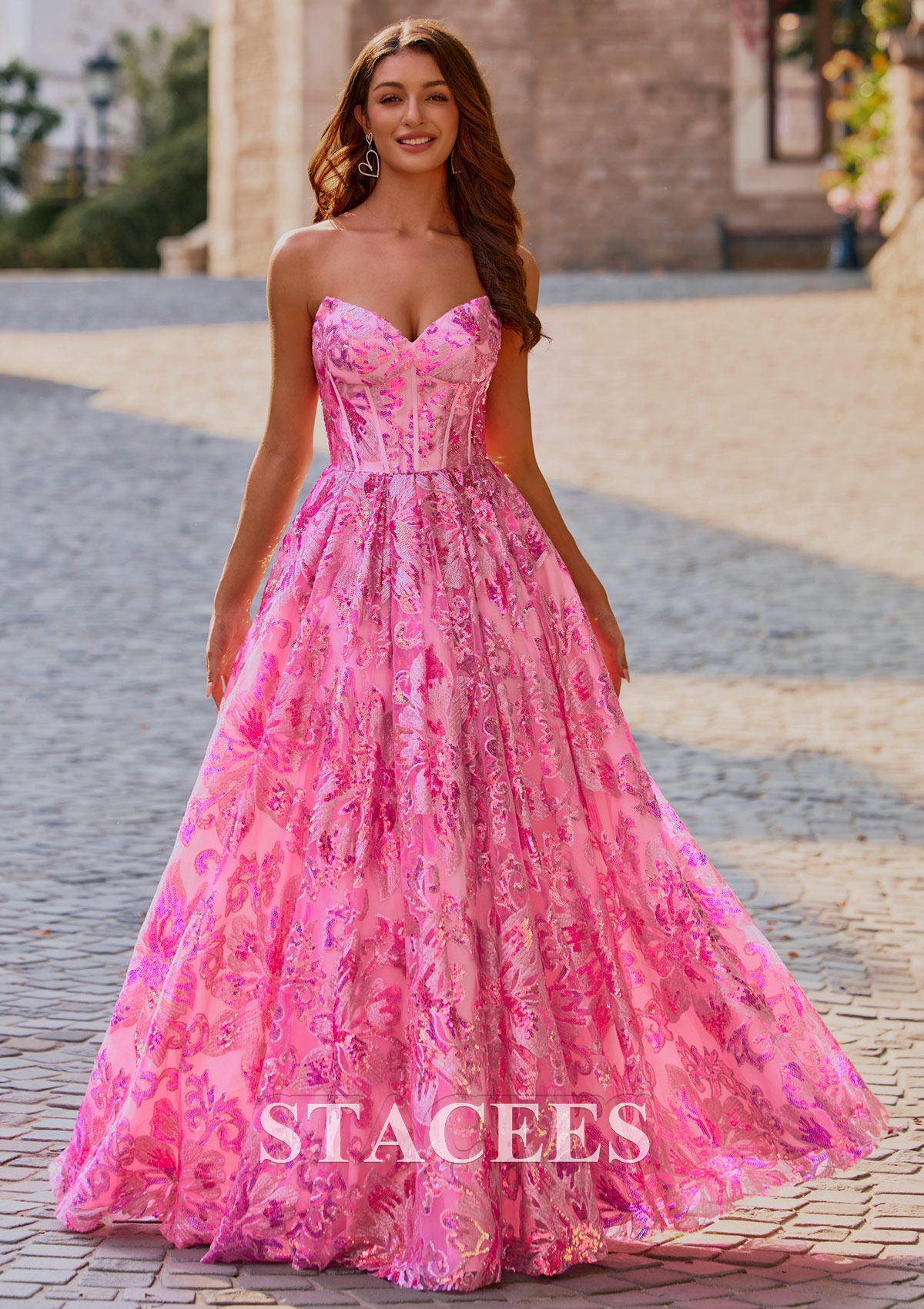 Candy Pink Sparkly A-line Strapless Floral Sequined Floor-Length Pockets Prom Dress - STACEES