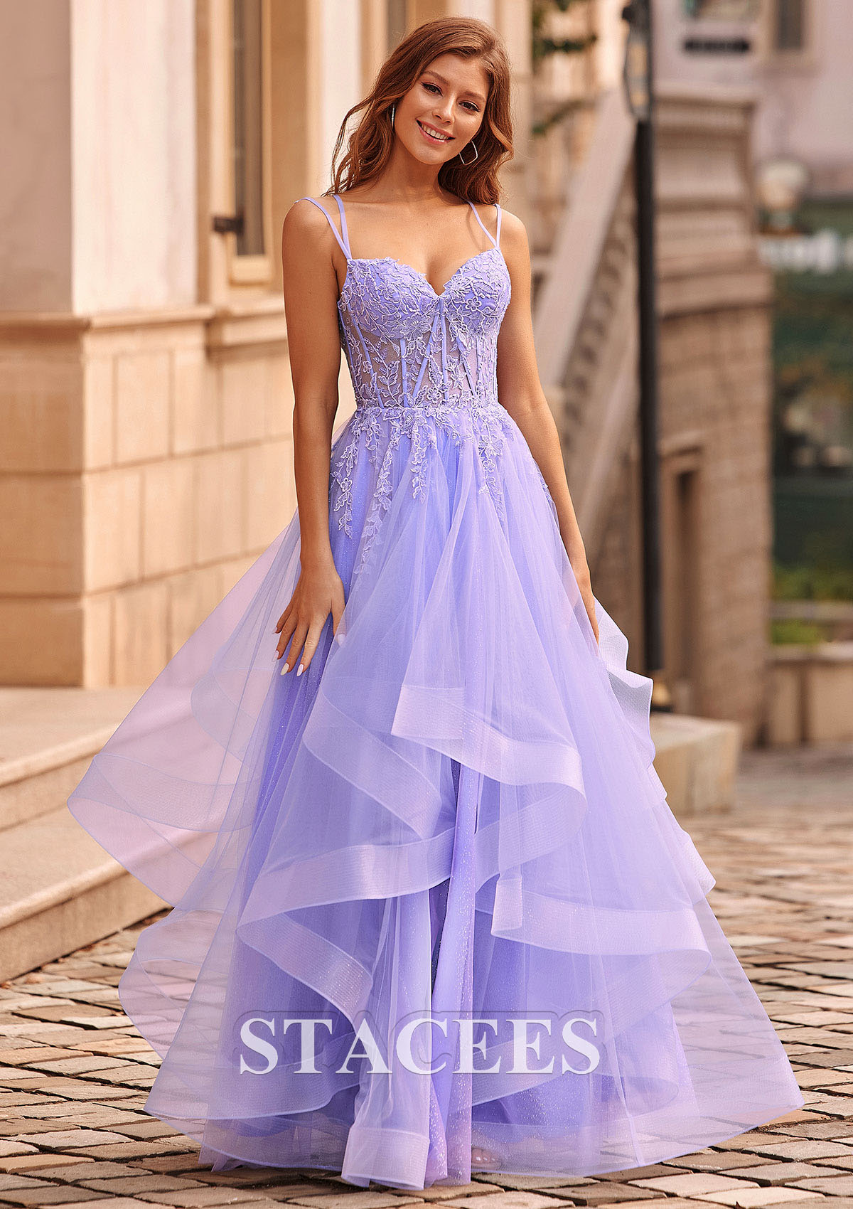 As Picture A-line V Neck Tulle Floor-Length Prom Dress with Appliqued Ruffles Glitter - STACEES