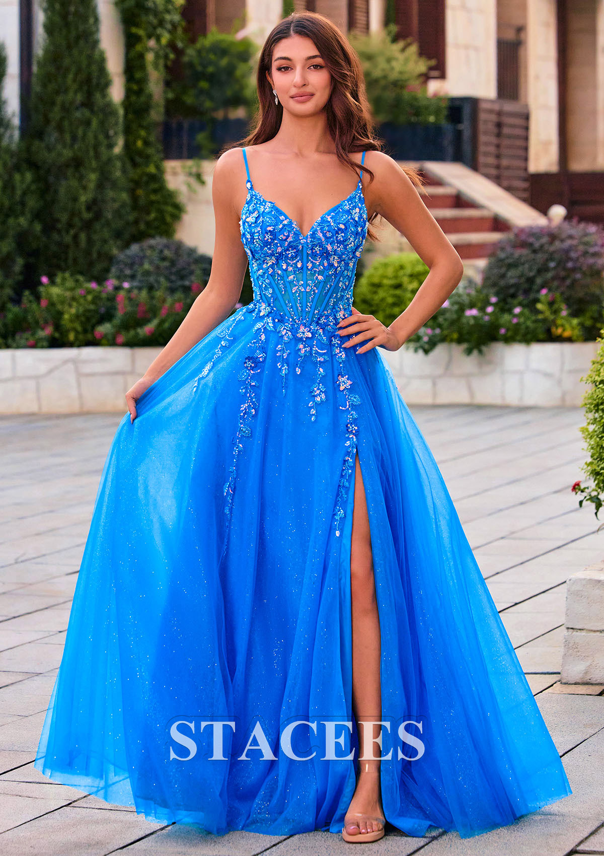 Bleu Océan Trapèze col en v tulle longueur ras du sol robe de bal avec paillettes fendue - STACEES
