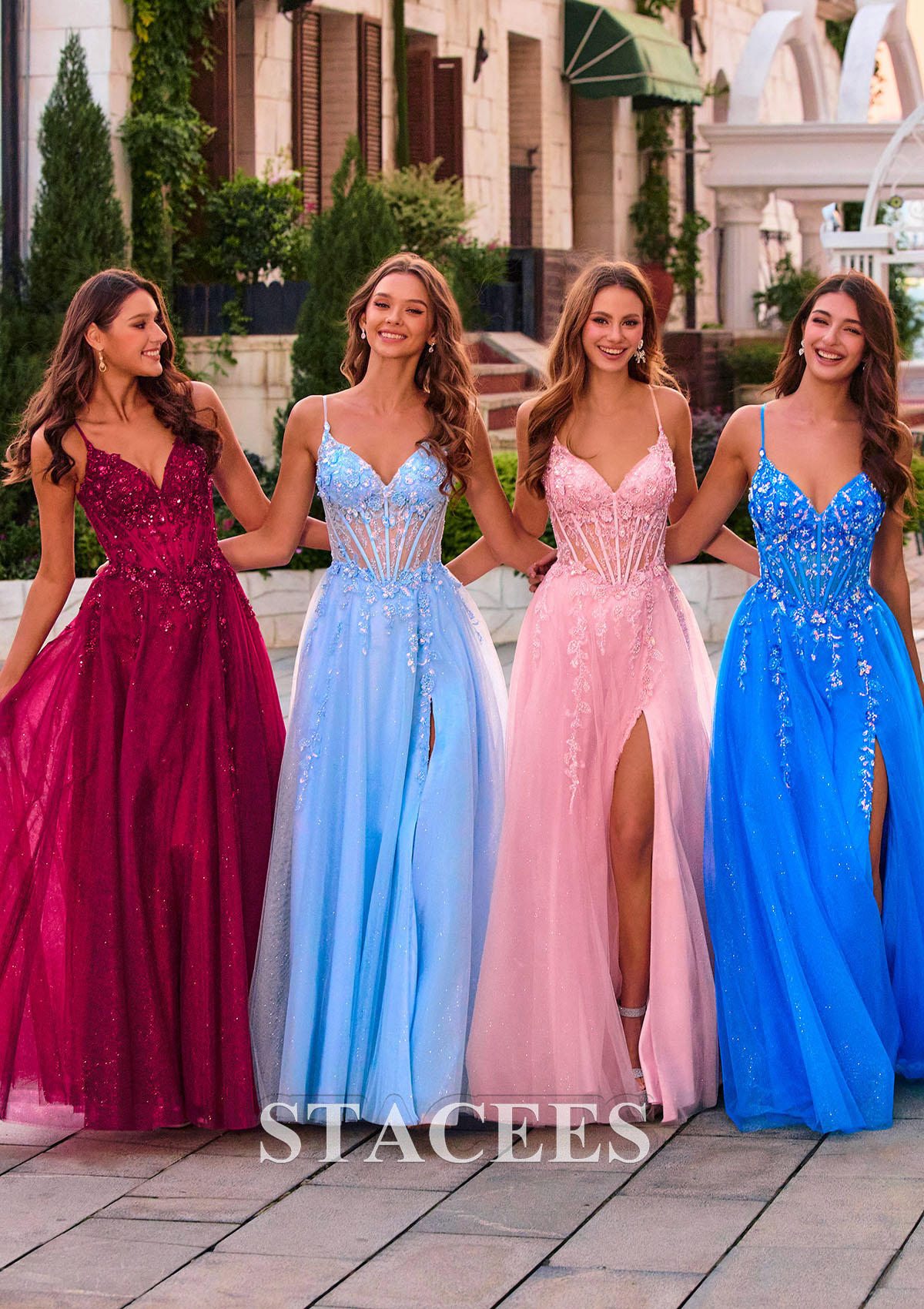 Bordeaux Trapèze col en v tulle longueur ras du sol robe de bal avec paillettes fendue - STACEES