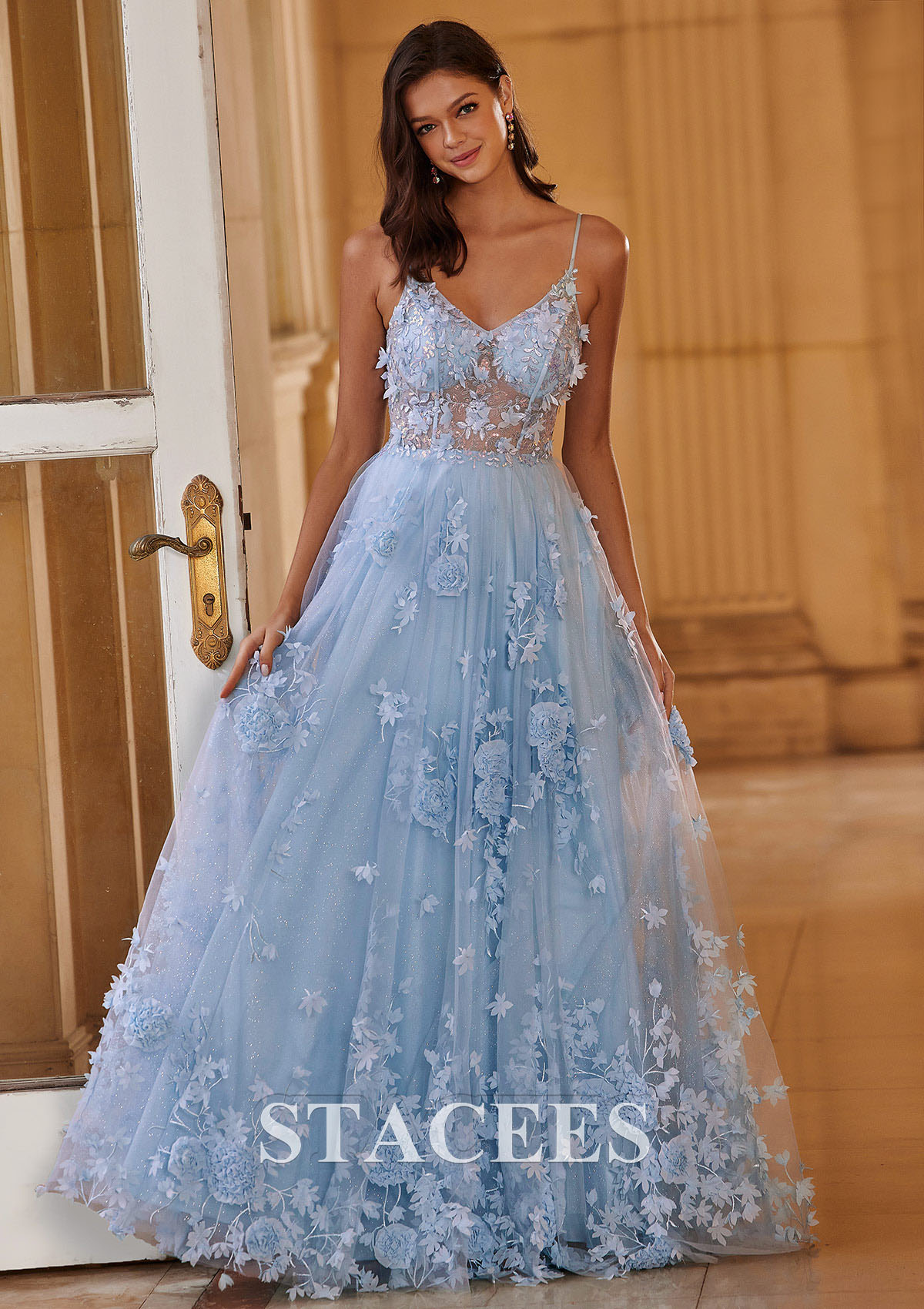 Sky Blue Vestido línea a escote en v tul barrer tren vestido de graduación - STACEES