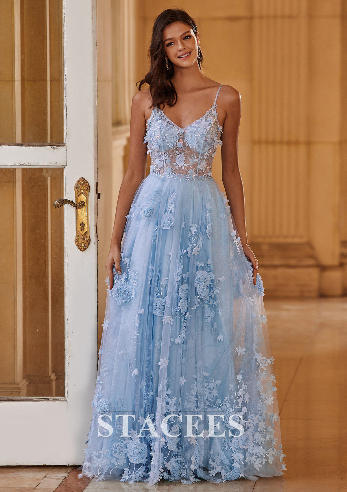 Sky Blue Vestido línea a escote en v tul barrer tren vestido de graduación - STACEES