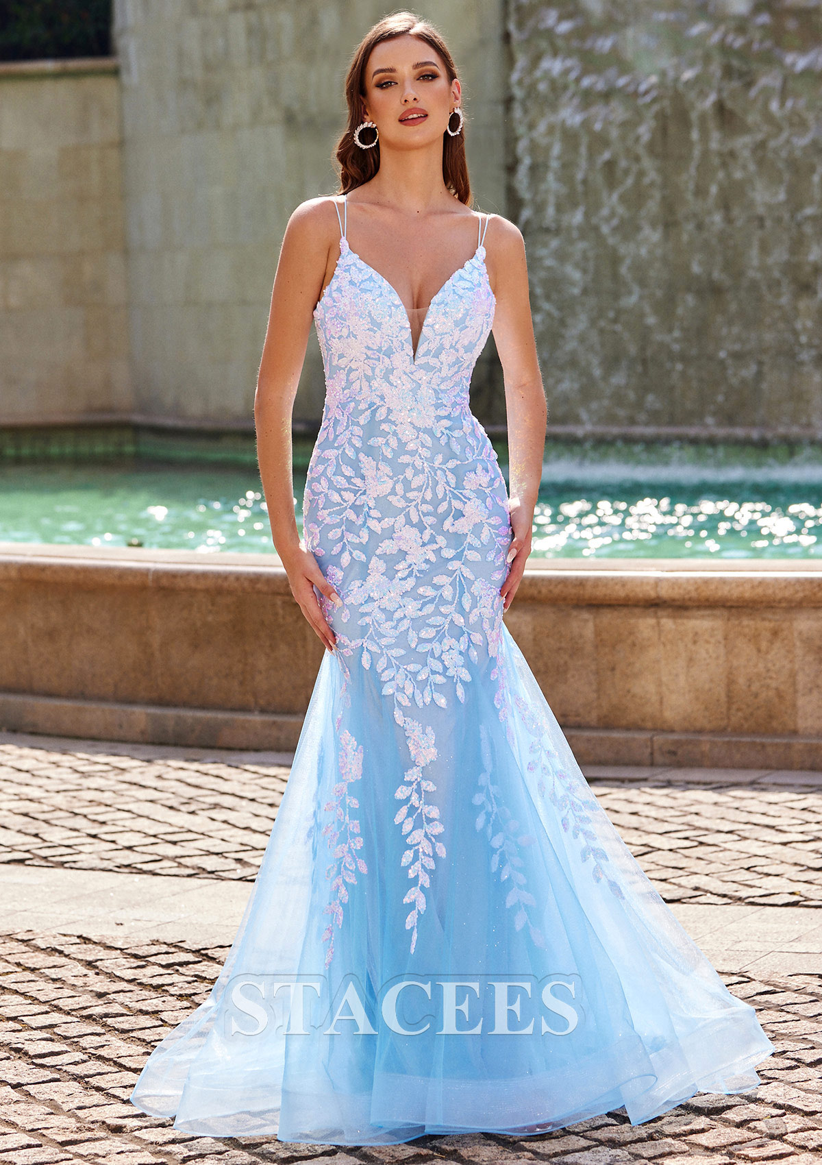 Sky Blue Trumpet/Mermaid V Neck Sleeveless Floor-Length Tulle Prom Dress with Sequins Glitter - STACEES