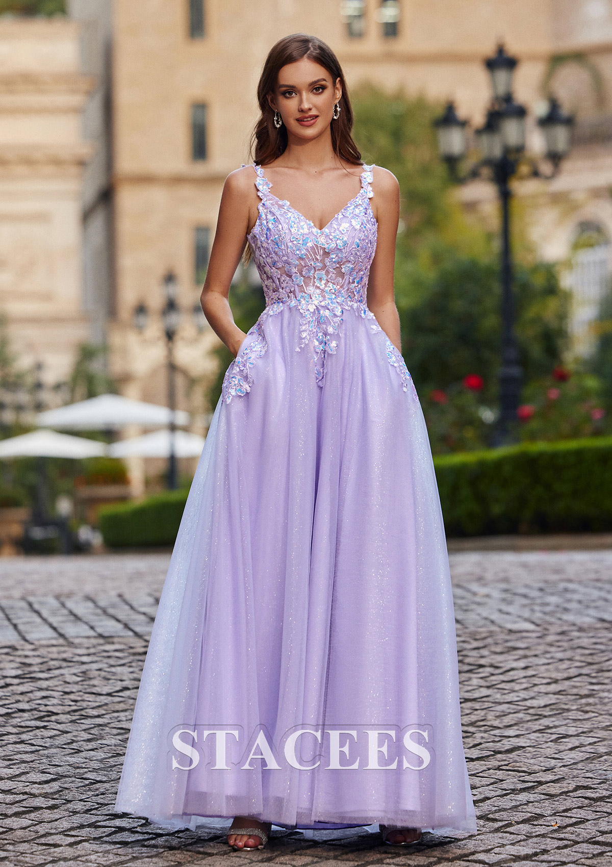 Lavender A-line V Neck Floor-Length Tulle Prom Dress with Sequins Appliqued Pockets Glitter Split - STACEES