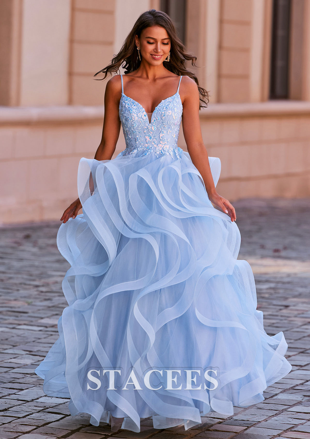 A-line Princess V Neck Tulle Floor-Length Prom Dress with Appliqued Ruffles Sequins S8383P - Prom Dresses