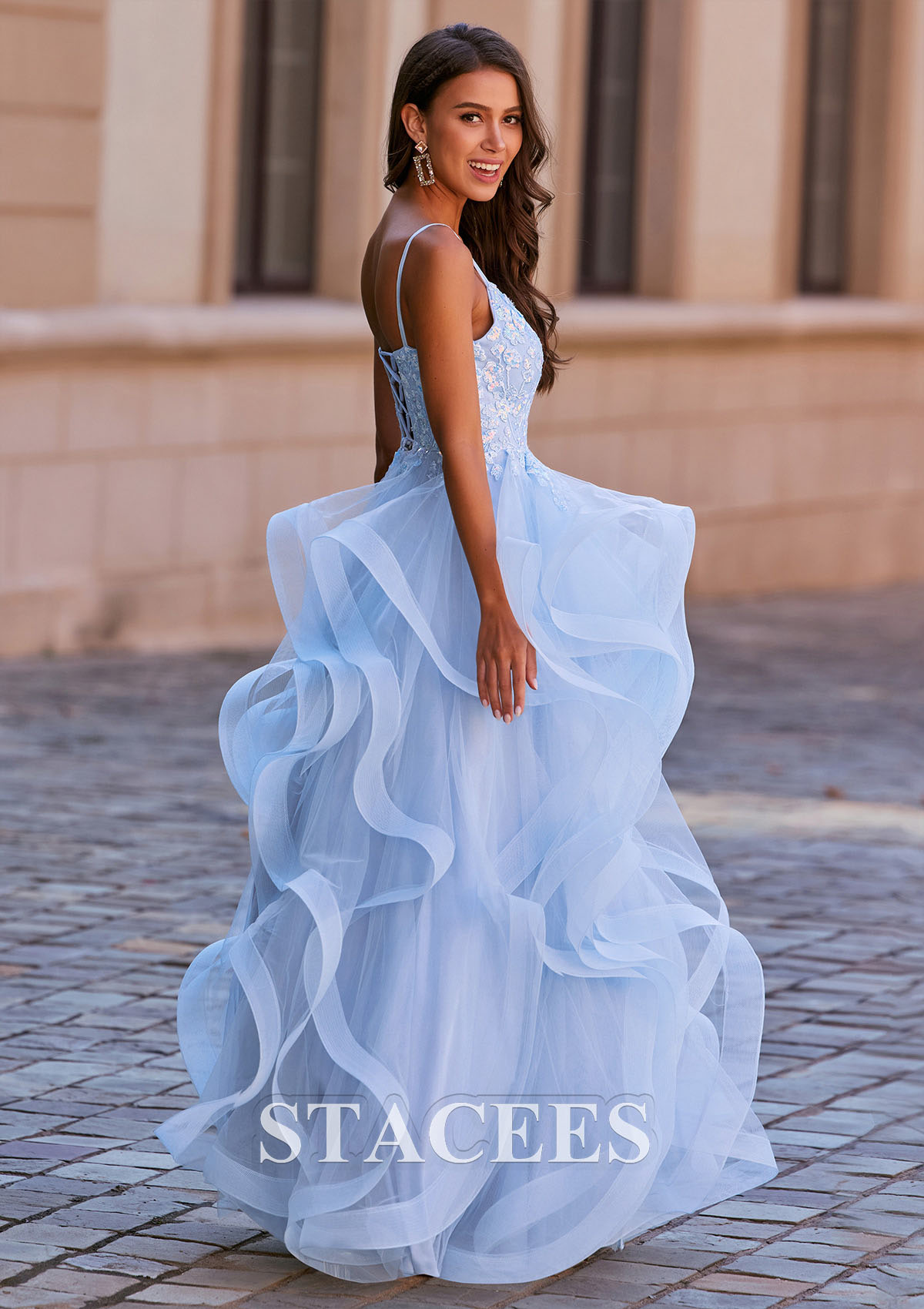 Sky Blue A-line Princess V Neck Tulle Floor-Length Prom Dress with Appliqued Ruffles Sequins - STACEES
