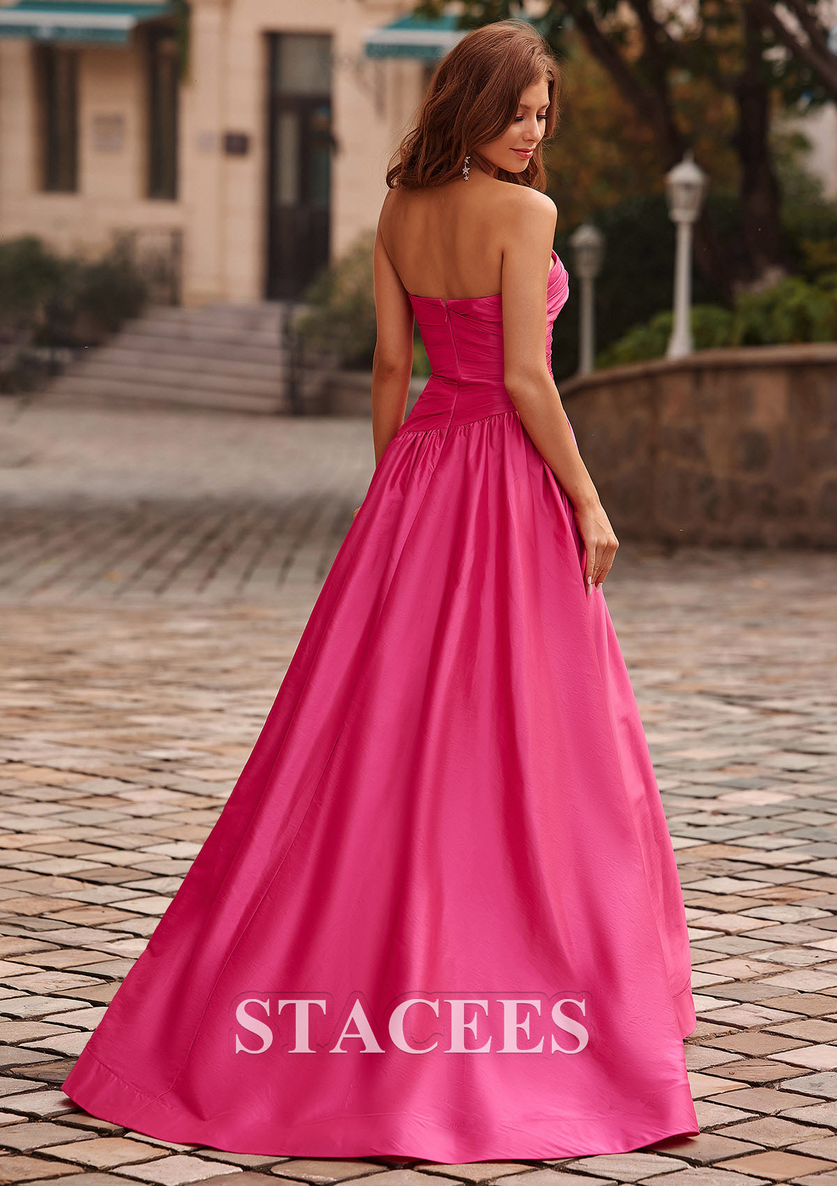 Hot Pink A-line Square Neckline Taffeta Sweep Train Prom Dress with Pleated Split - STACEES