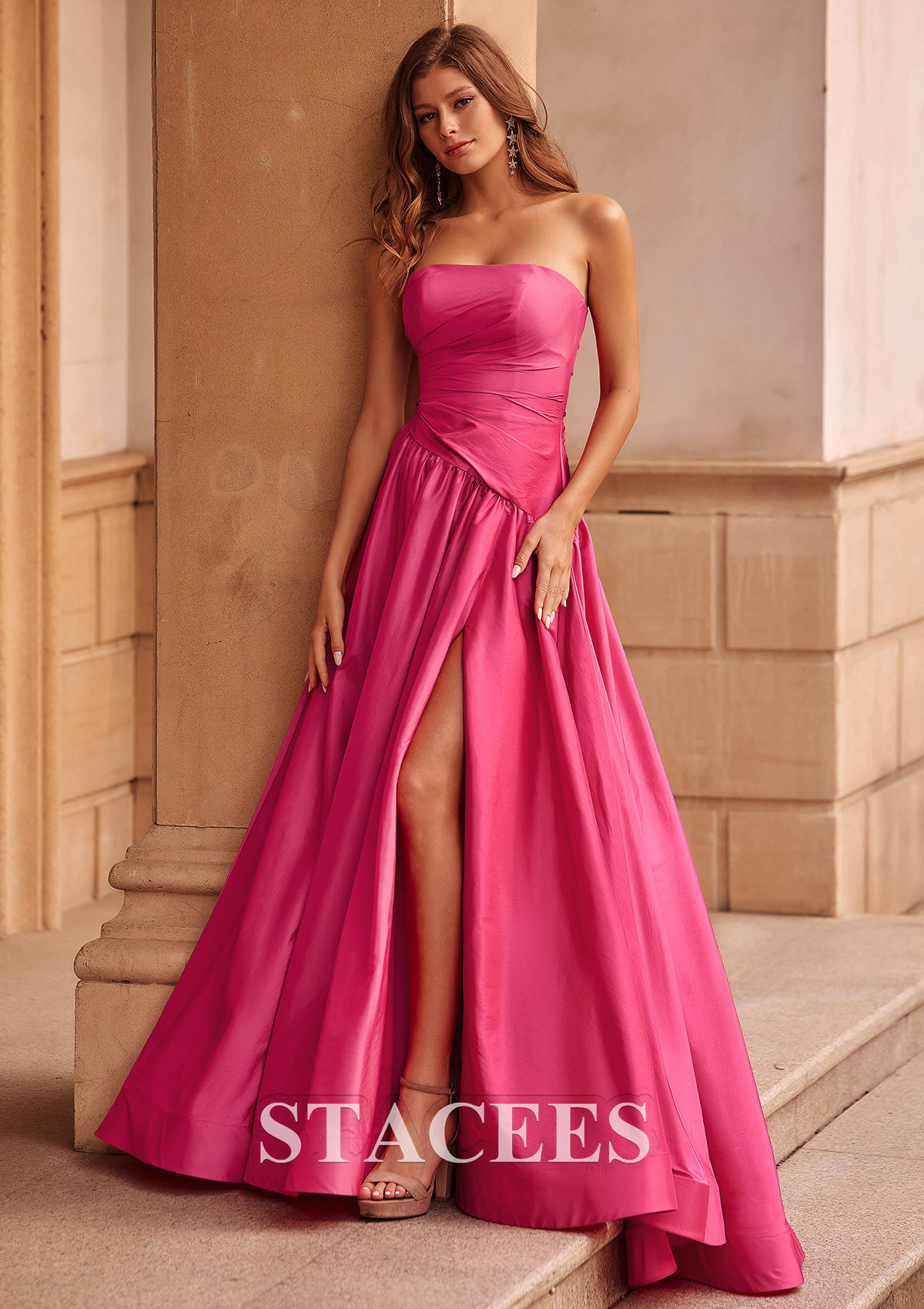 Hot Pink A-line Square Neckline Taffeta Sweep Train Prom Dress with Pleated Split - STACEES
