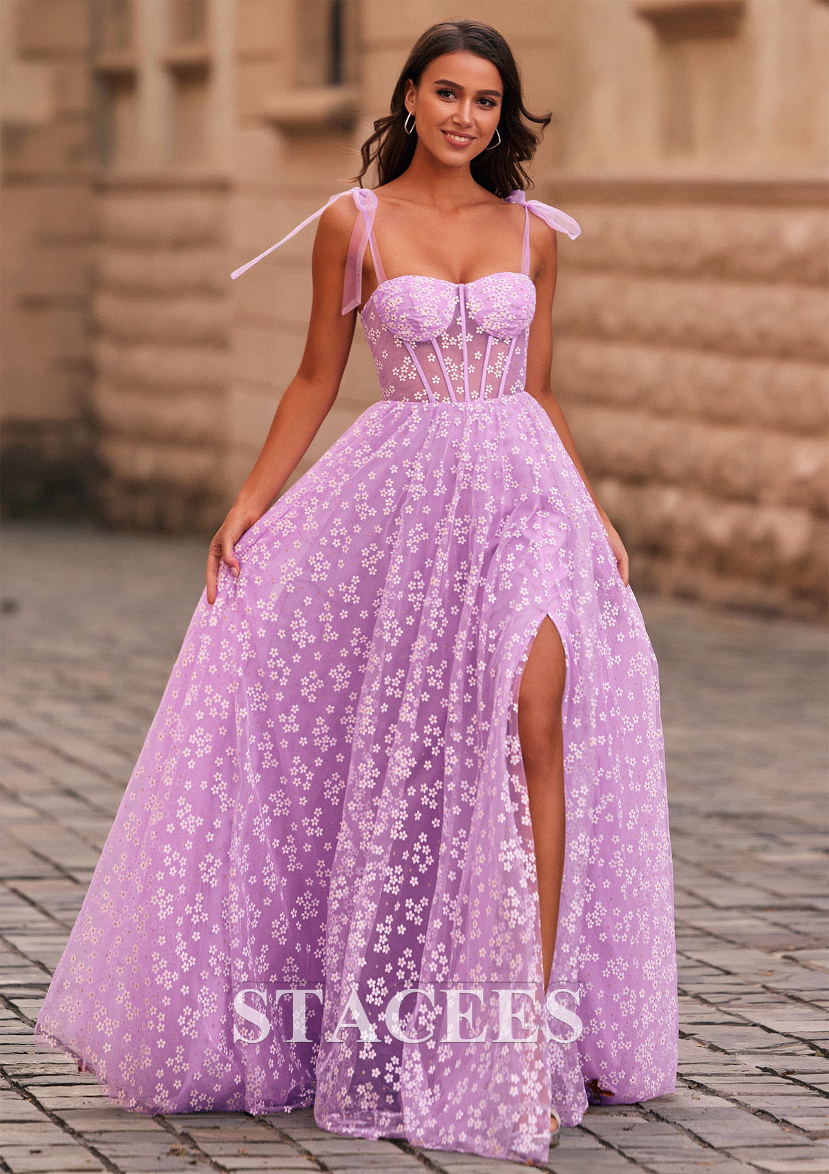 Lilac A-line Floral Printed Sheer Corset Slit Long Prom Dress With Adjustable Straps - STACEES
