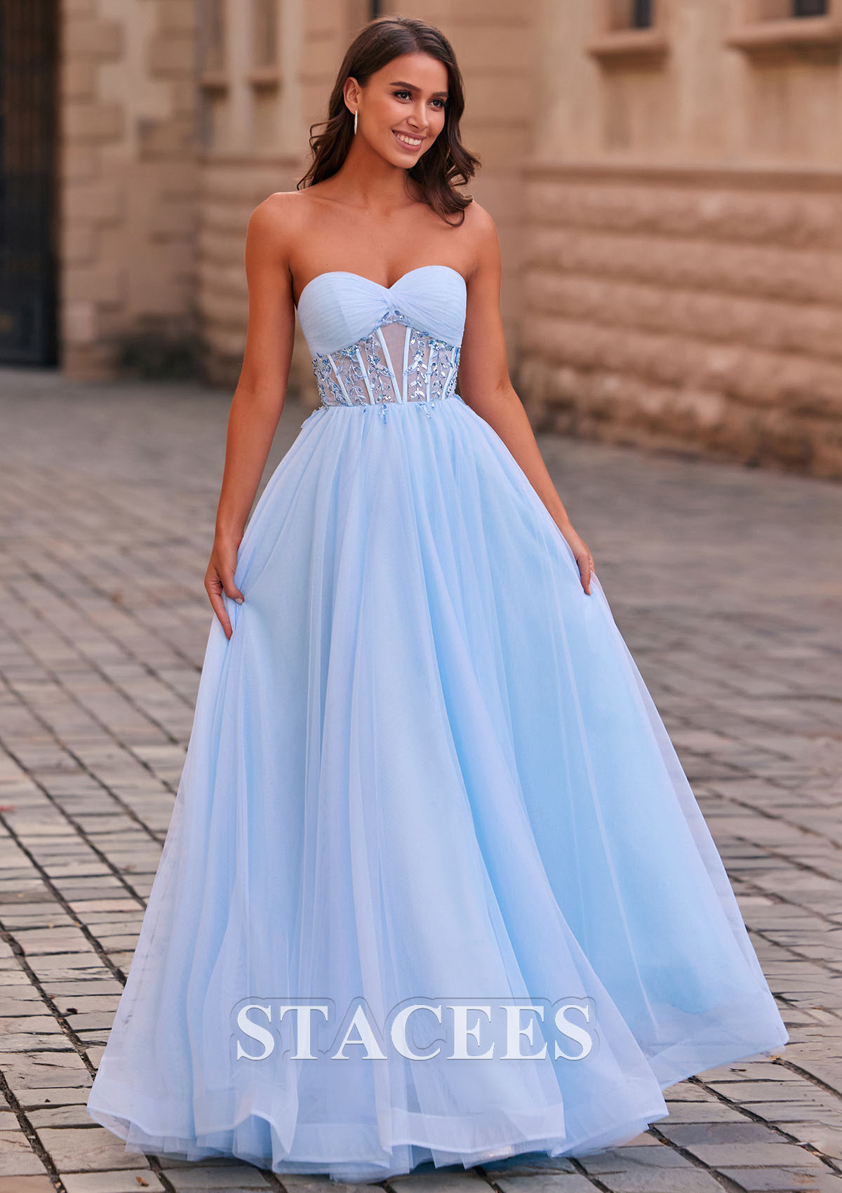 Sky Blue A-line Sweetheart Tulle Floor-Length Prom Dress with Beading Pleated Sequins - STACEES