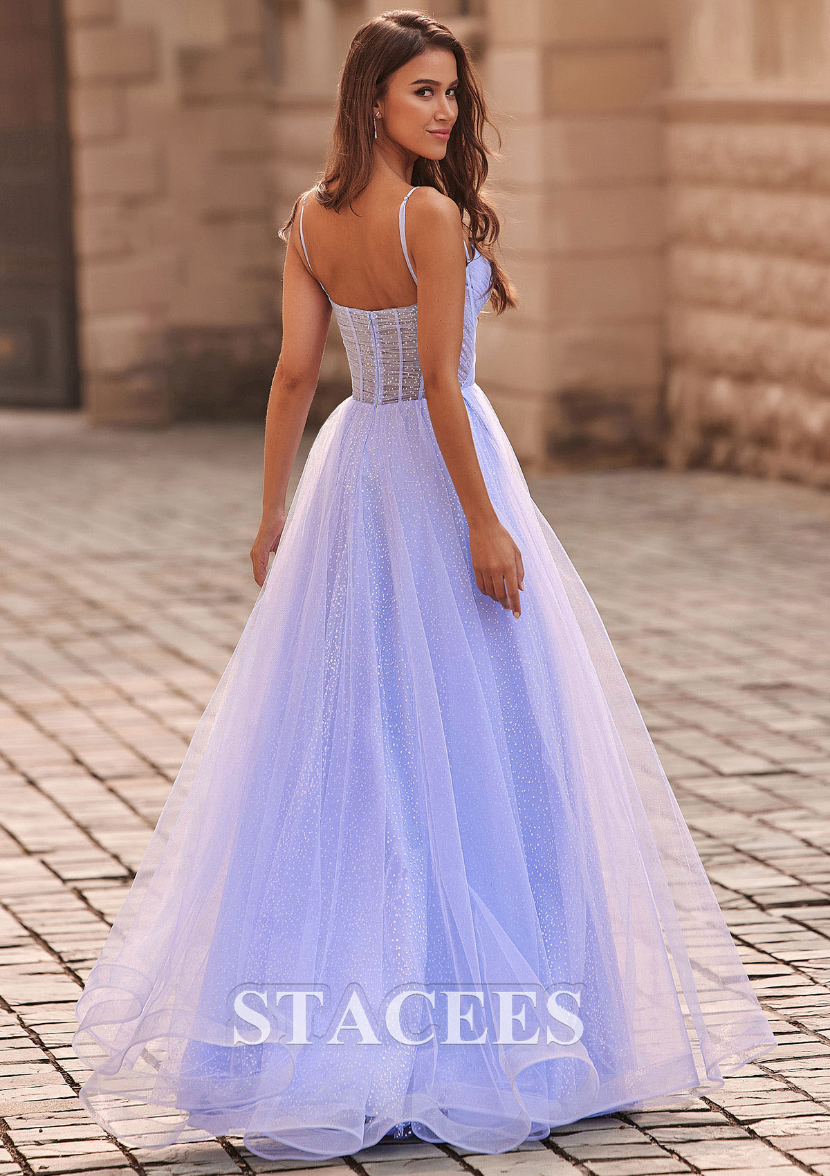 Lavender A-line Sweetheart Tulle Floor-Length Prom Dress with Pleated Split Glitter - STACEES