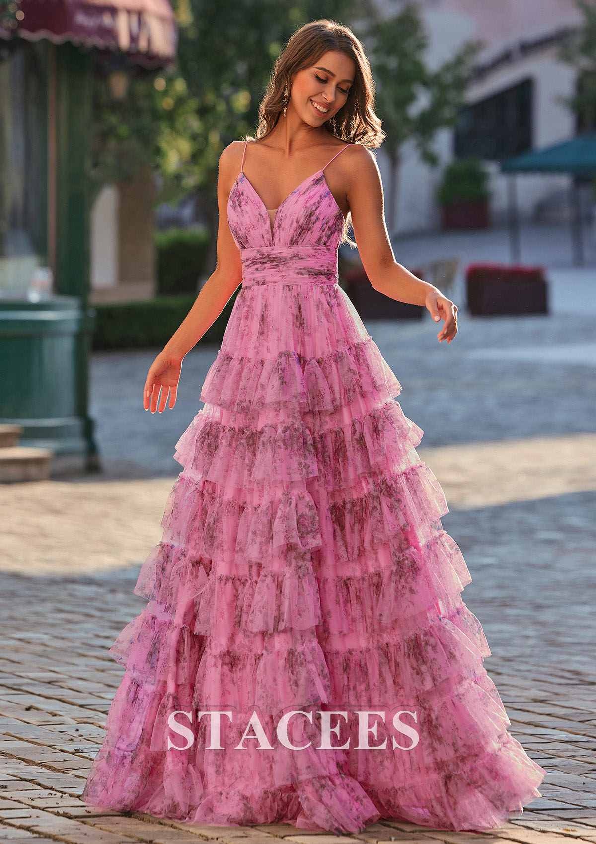 Candy Pink Vestido línea a escote en v tul barrer/cepillo tren vestido de graduación - STACEES