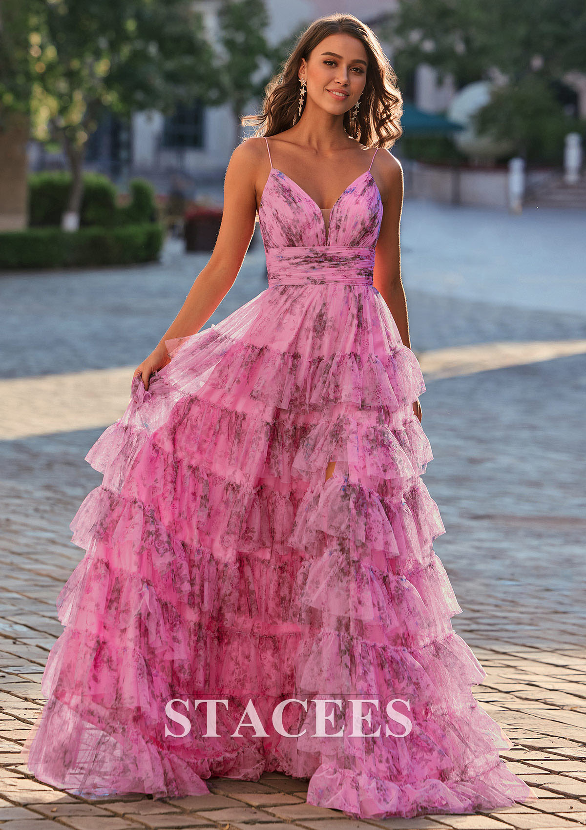 Candy Pink Vestido línea a escote en v tul barrer/cepillo tren vestido de graduación - STACEES