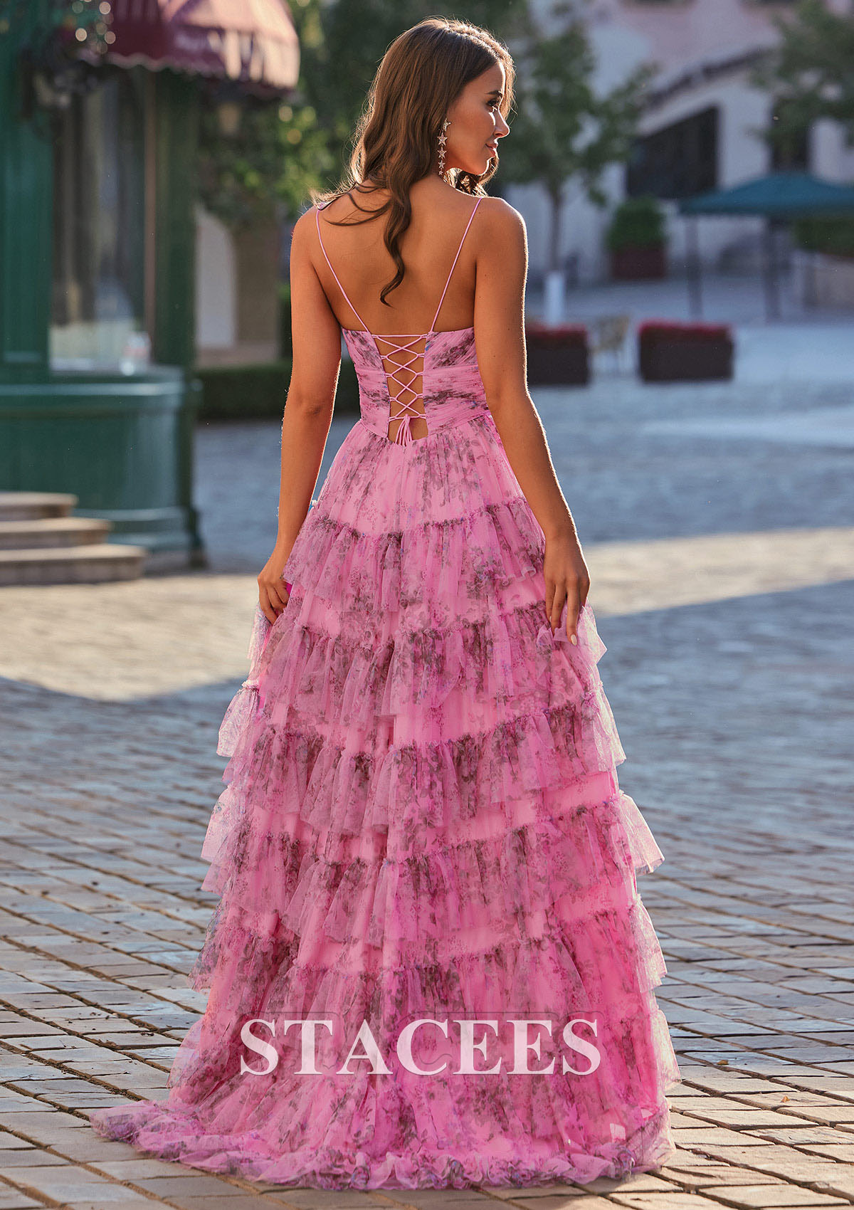 Candy Pink Vestido línea a escote en v tul barrer/cepillo tren vestido de graduación - STACEES
