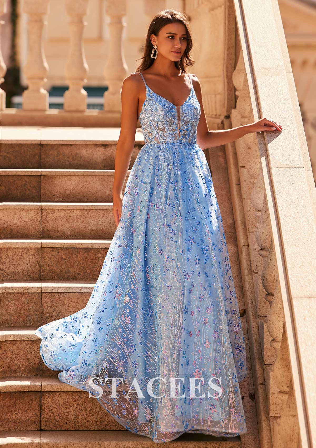 Sky Blue A-line V Neck Tulle Sweep Train Prom Dress with Appliqued Sequins Glitter - STACEES