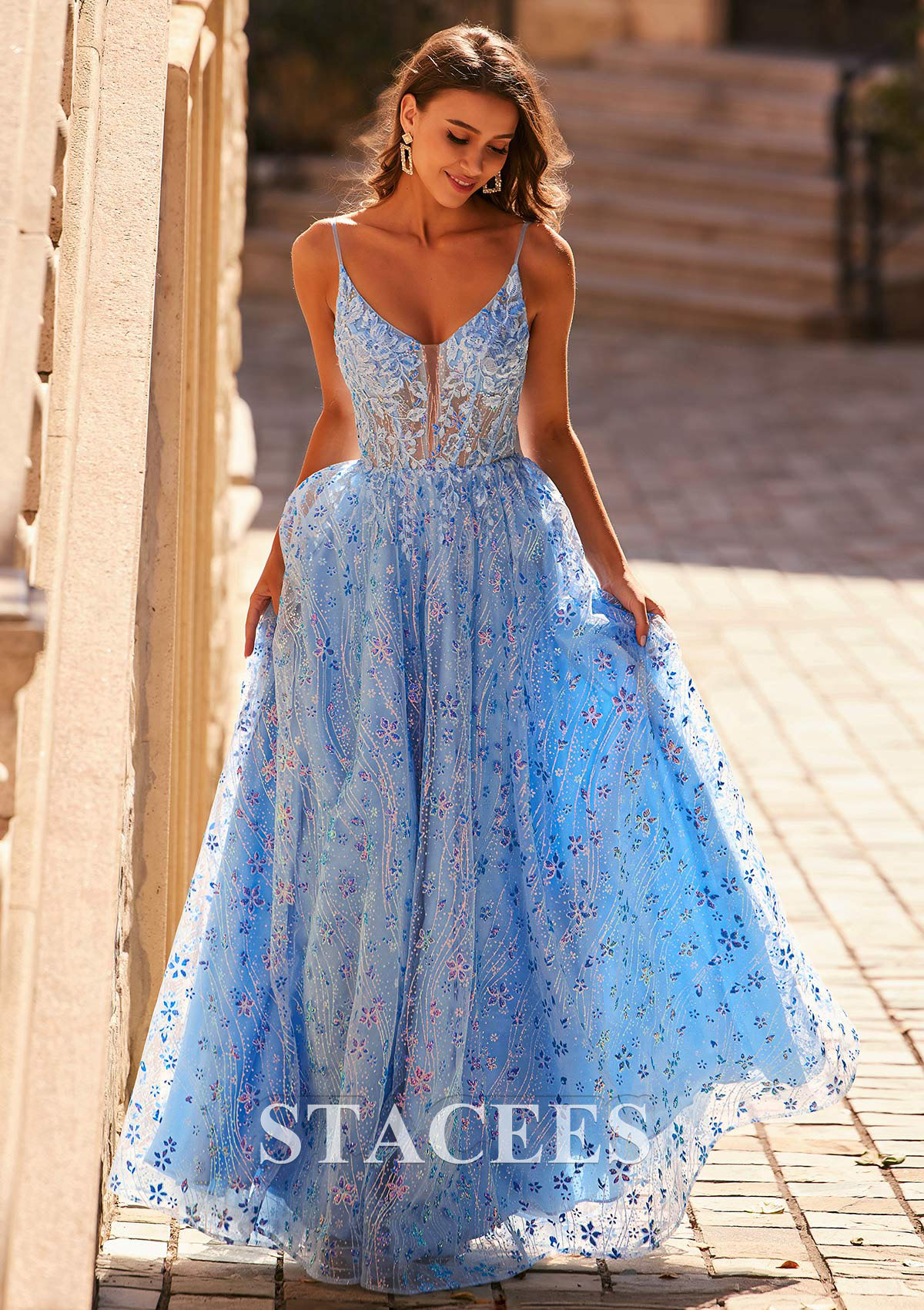 Sky Blue A-line V Neck Tulle Sweep Train Prom Dress with Appliqued Sequins Glitter - STACEES