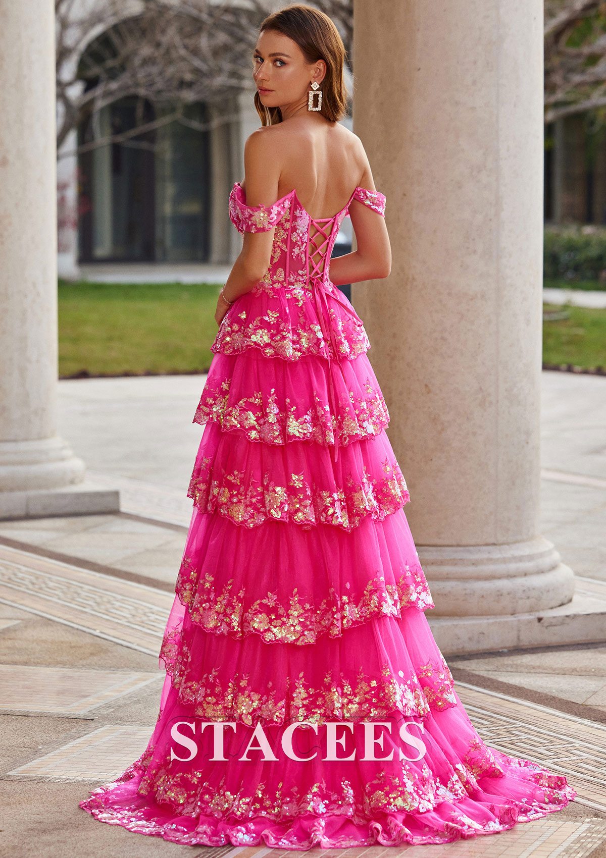Fuchsia A-line Princess Off-the-Shoulder Sweep Train Tulle Prom Dress with Ruffles Sequins - STACEES