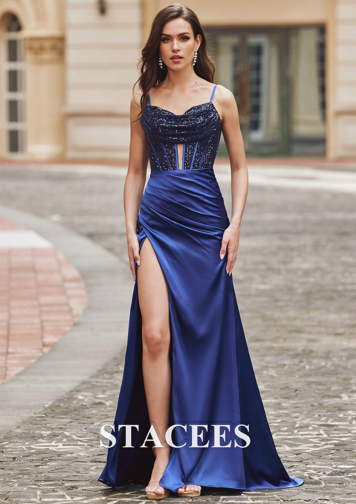 Dark Navy Cubierta escote drapeado seda como el satén barrer tren vestido de graduación - STACEES