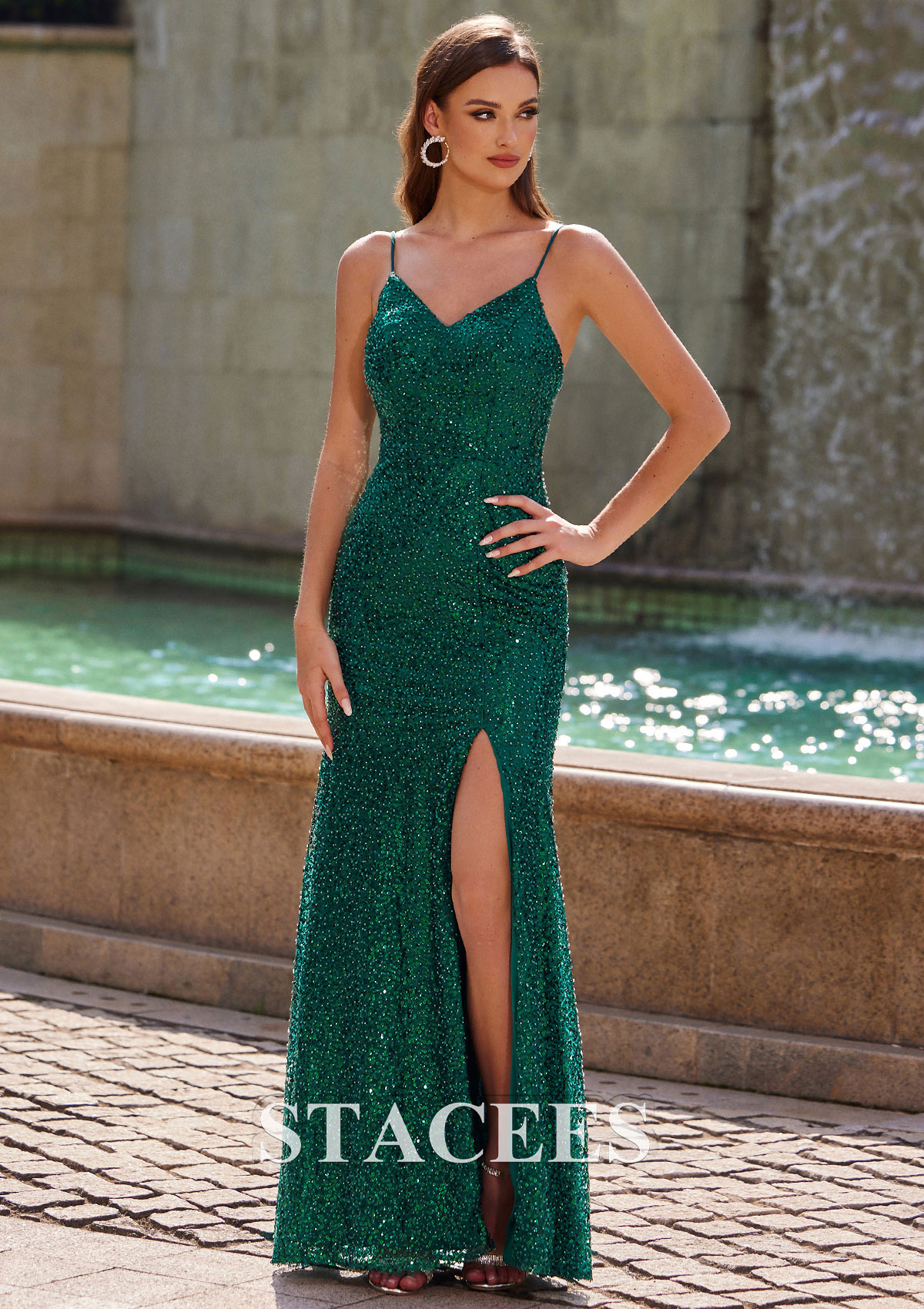 Dark Green Sheath/Column V Neck Sleeveless Floor-Length Sequined Prom Dress with Beading Split - STACEES