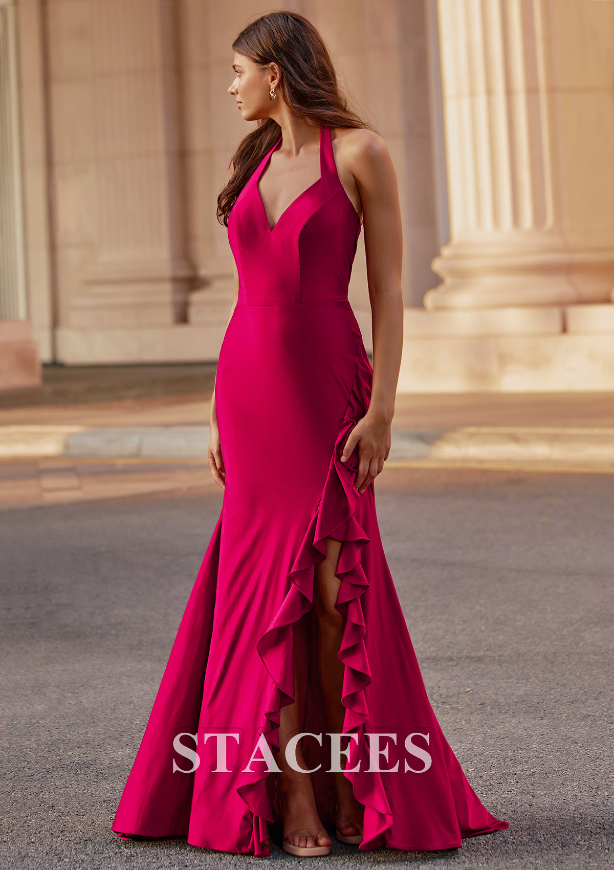 Bordeaux Trumpette/Sirène licou jersey traîne balayage robe de bal avec fendue volants en cascade - STACEES