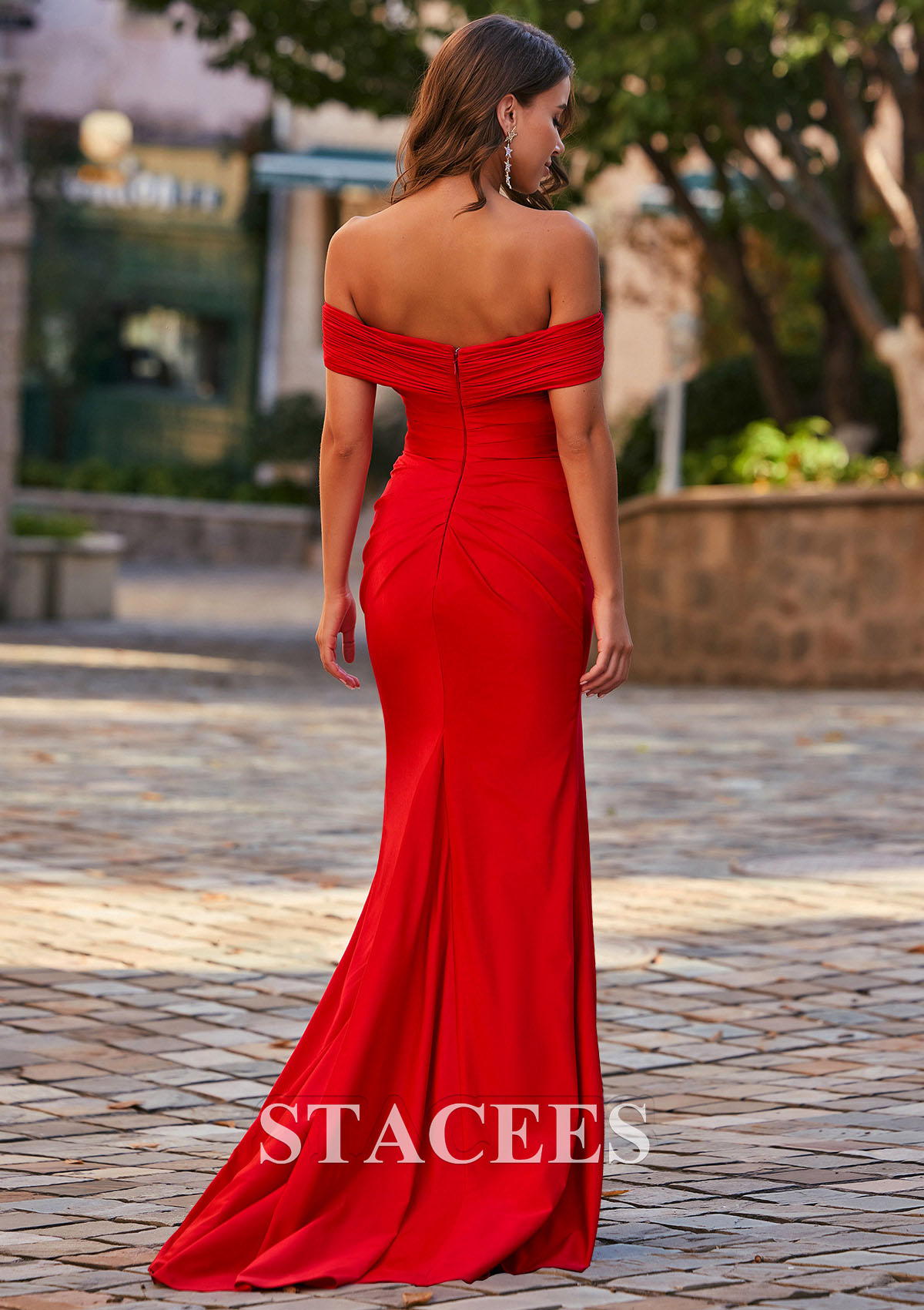 Red Trumpet/Mermaid Off-the-Shoulder Jersey Sweep Train Prom Dress with Pleated Split - STACEES