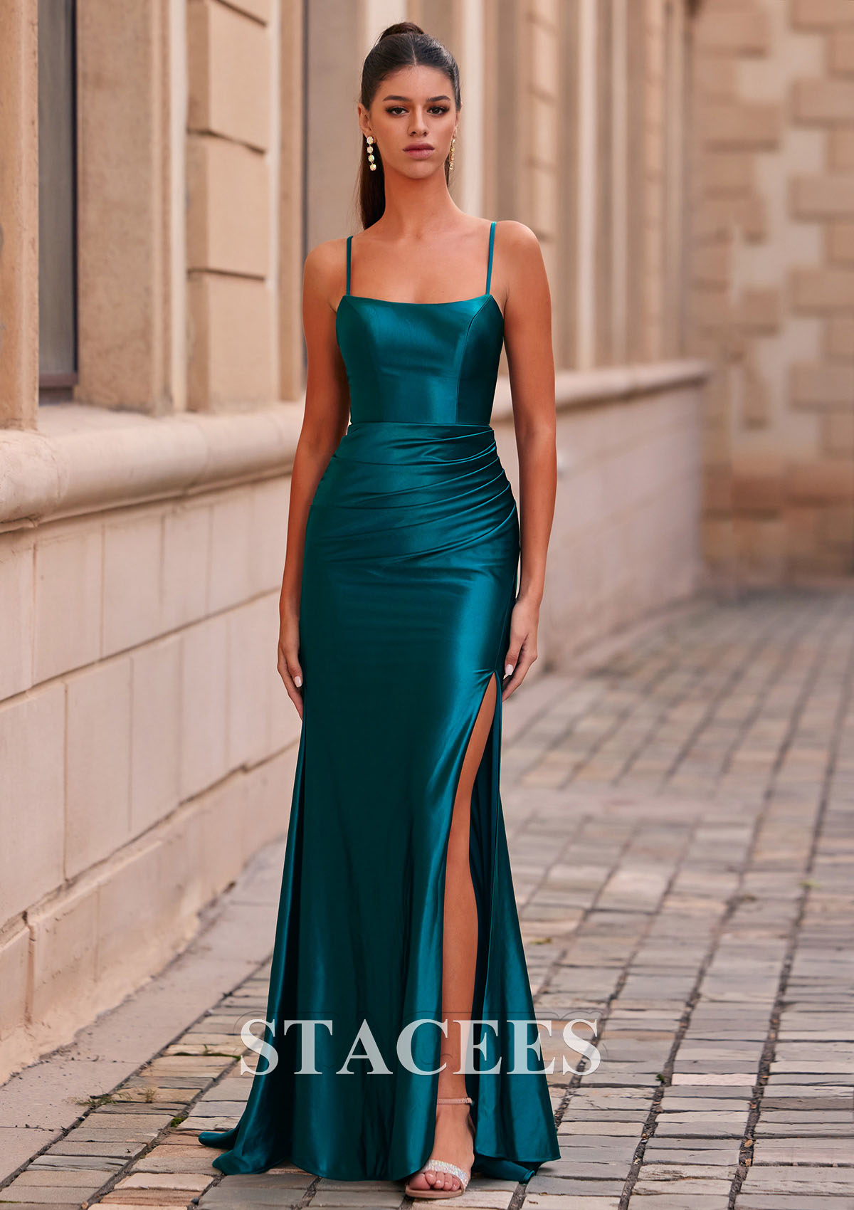 Peacock Corte trompeta/sirena escote redondo seda como el satén hasta el suelo vestido de graduación - STACEES