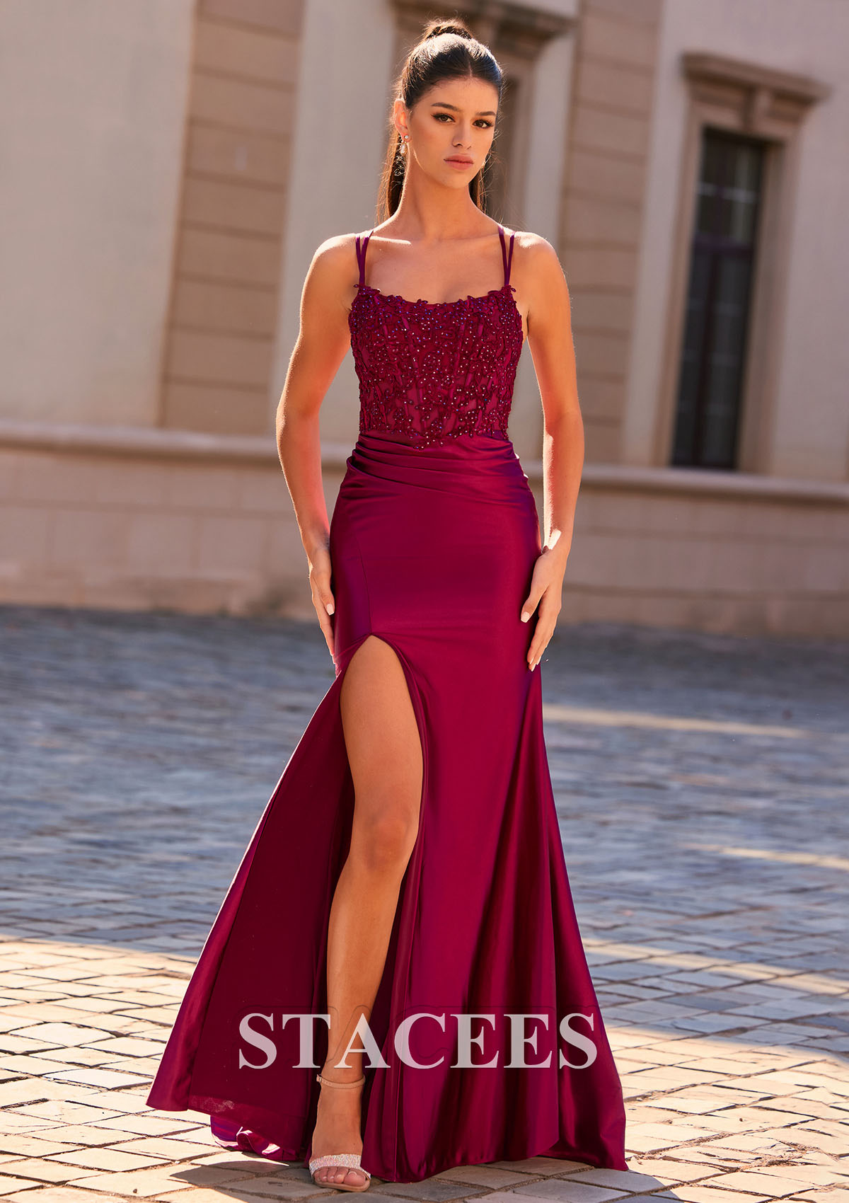 Burgundy Mermaid Scoop Neck Tight Slit Prom Dress with Lace Applique Spaghetti Strap - STACEES