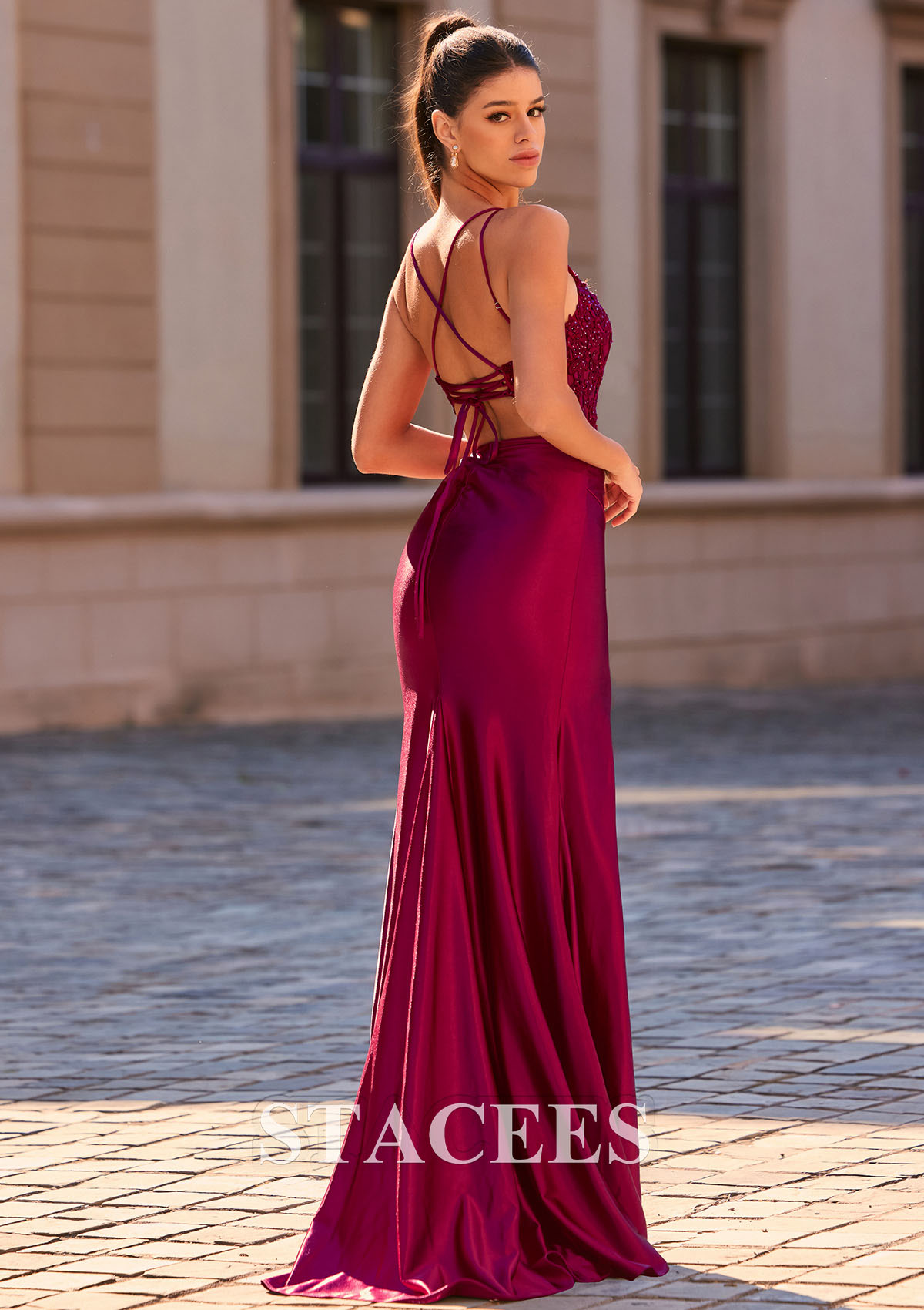 Burgundy Mermaid Scoop Neck Tight Slit Prom Dress with Lace Applique Spaghetti Strap - STACEES