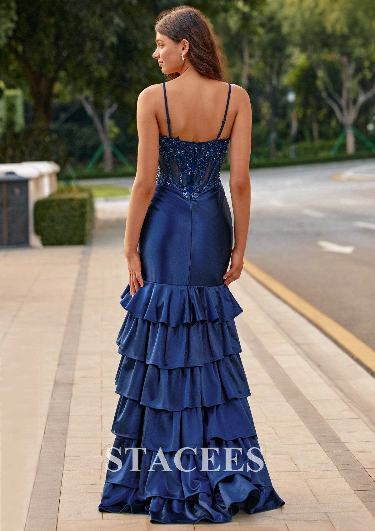 Bleu Marine Trumpette/Sirène cache coeur soie comme du satin traîne balayage robe de bal avec perles volants - STACEES