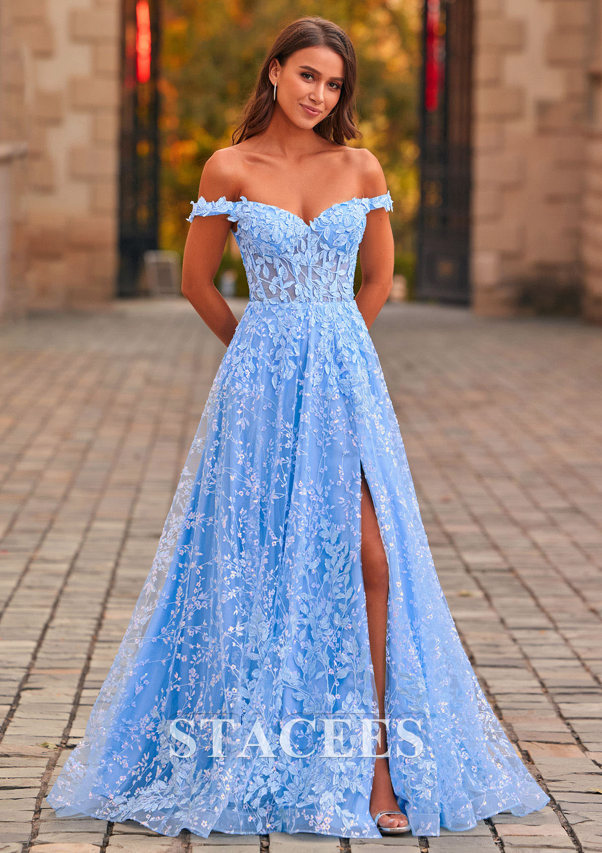 Bleu Ciel Trapèze épaule dénudée tulle traîne balayage robe de bal  - STACEES