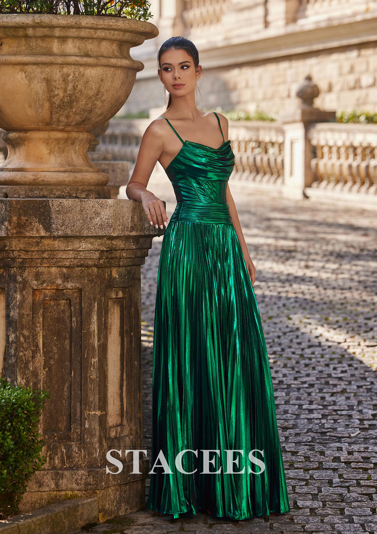Dark Green A-line Square Neckline Floor-Length Metallic Prom Dress with Pleated - STACEES
