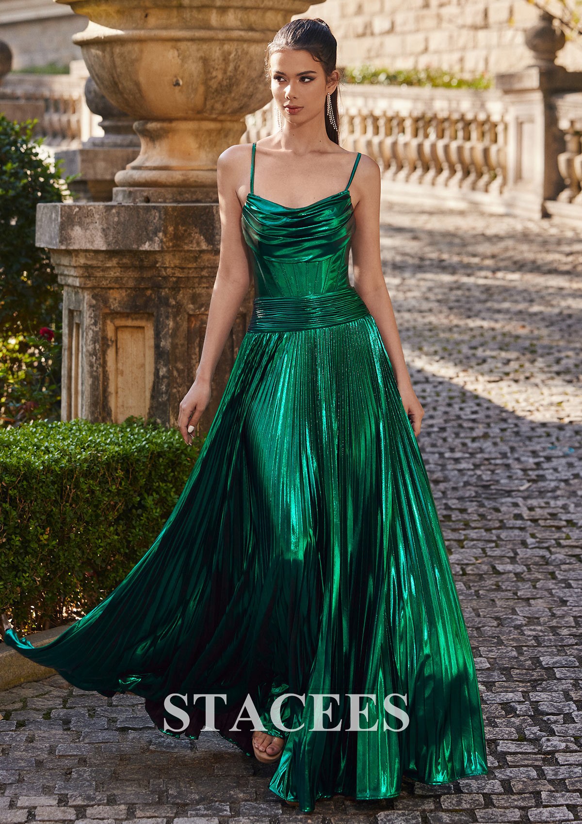 Dark Green A-line Square Neckline Floor-Length Metallic Prom Dress with Pleated - STACEES
