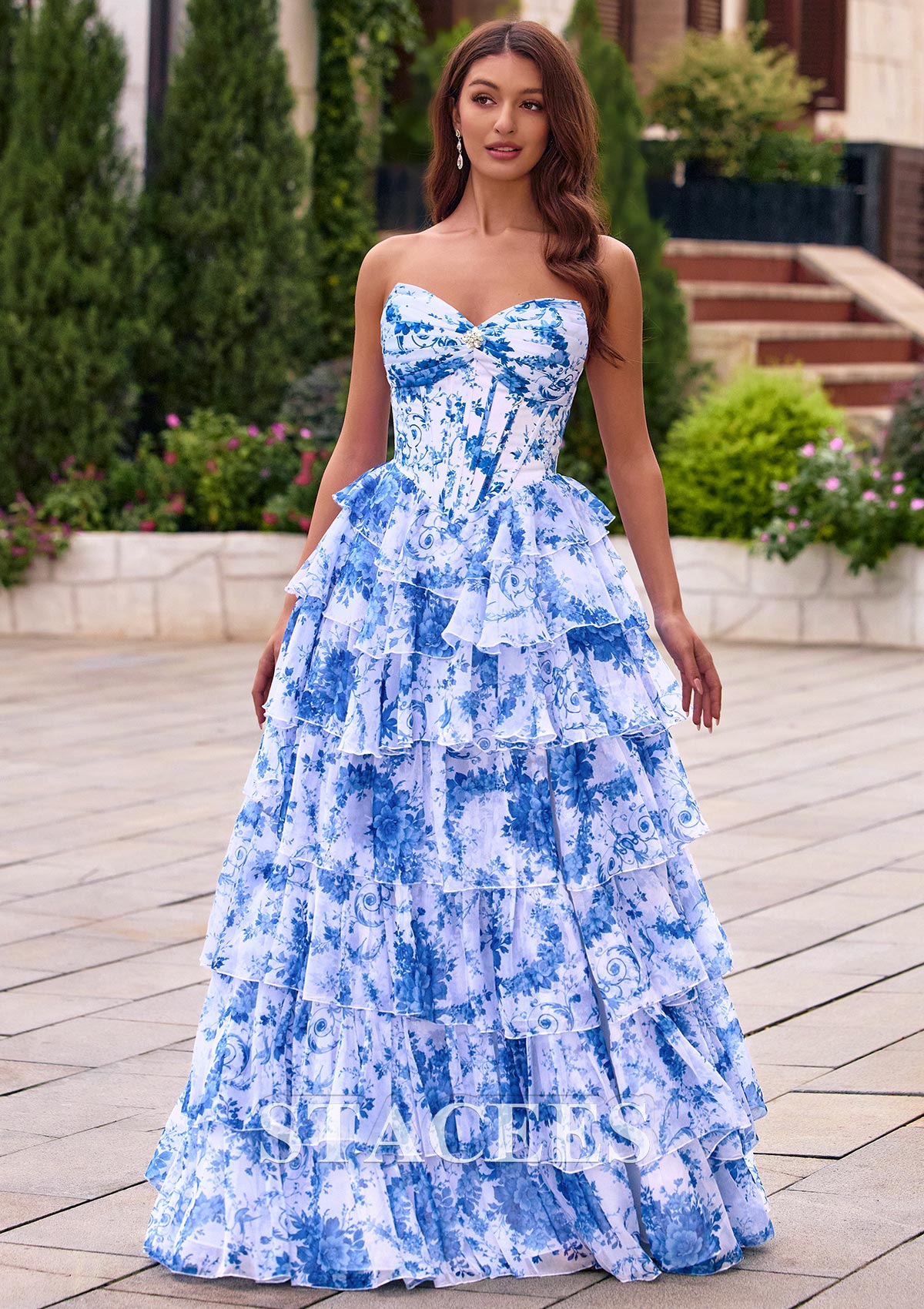 vintage blue floral dresses Stacees 2026 A-line Print Strapless Ruffle Corset Prom Dress with Slit Size:US20 - Preorder