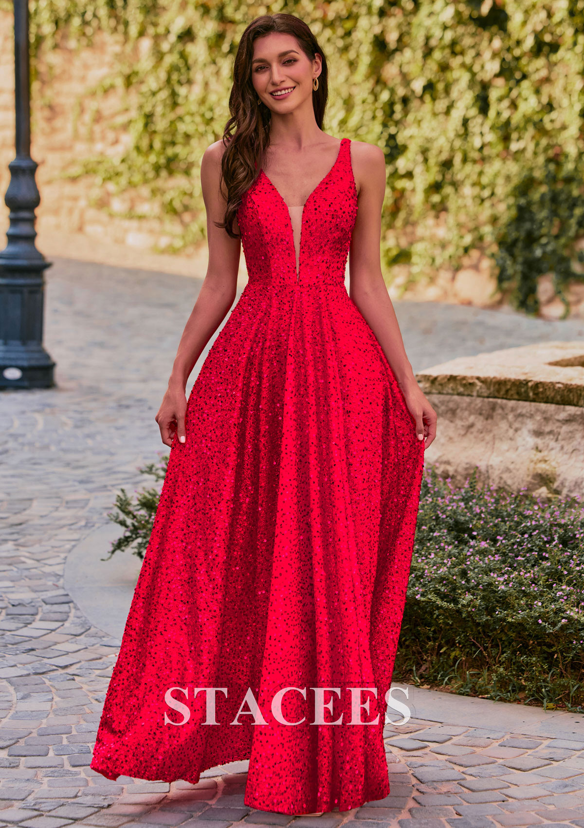 Rojo Vestido línea a escote en v lentejuelas hasta el suelo vestido de graduación - STACEES