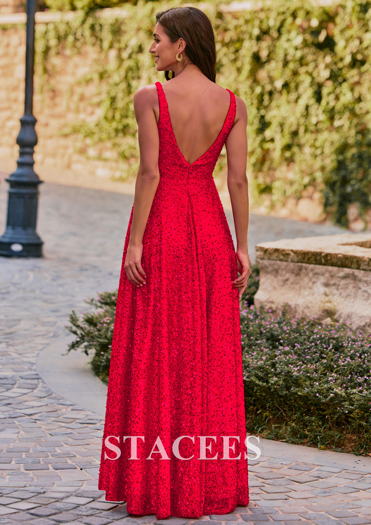 Rojo Vestido línea a escote en v lentejuelas hasta el suelo vestido de graduación - STACEES