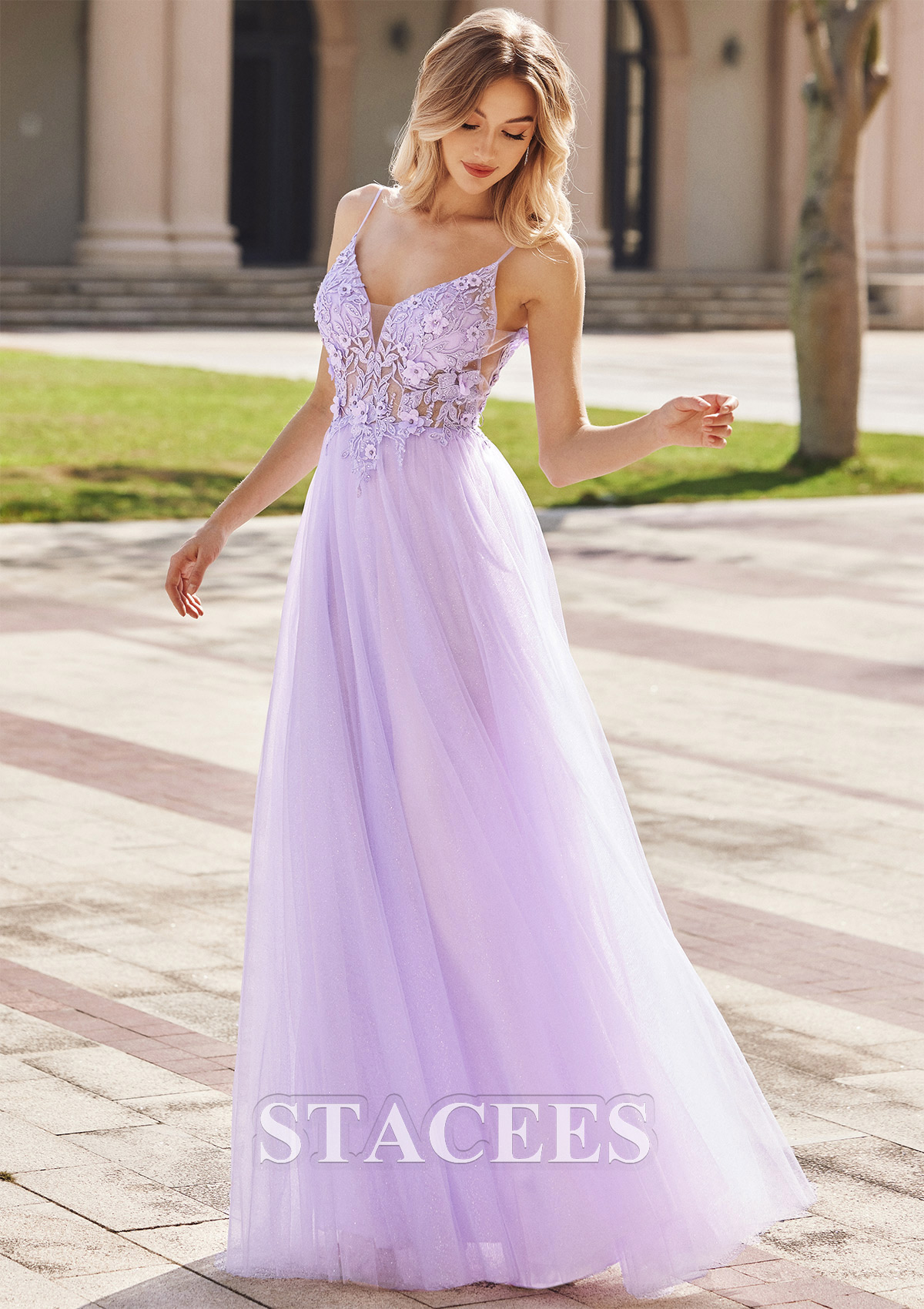 Lilac A-line V Neck Sleeveless Floor-Length Tulle Prom Dress with Appliqued Beading Flowers Glitter - STACEES