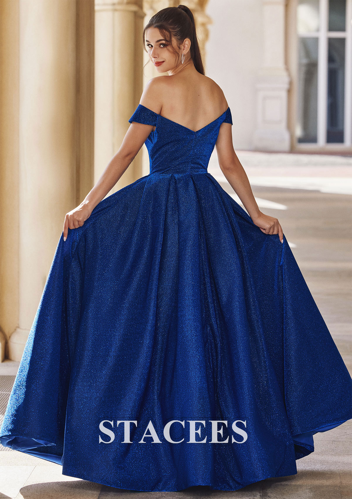 Royal Blue Vestido línea a escote en v hilo metálico barrer tren vestido de graduación - STACEES