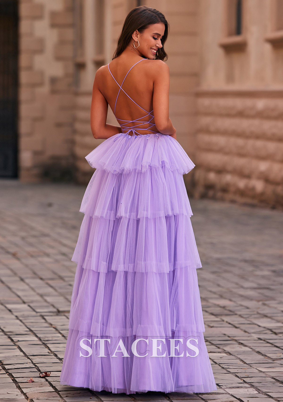 Lilac A-line V Neck Tulle Floor-Length Prom Dress with Appliqued Ruffles Sequins - STACEES