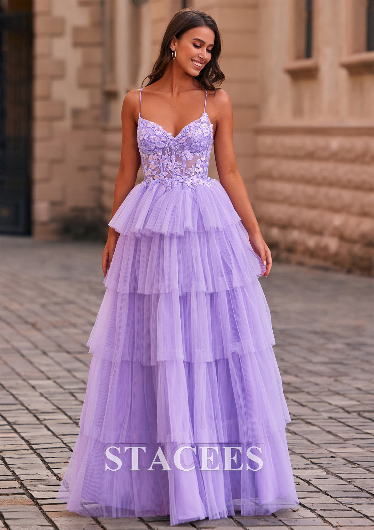Lilac A-line V Neck Tulle Floor-Length Prom Dress with Appliqued Ruffles Sequins - STACEES